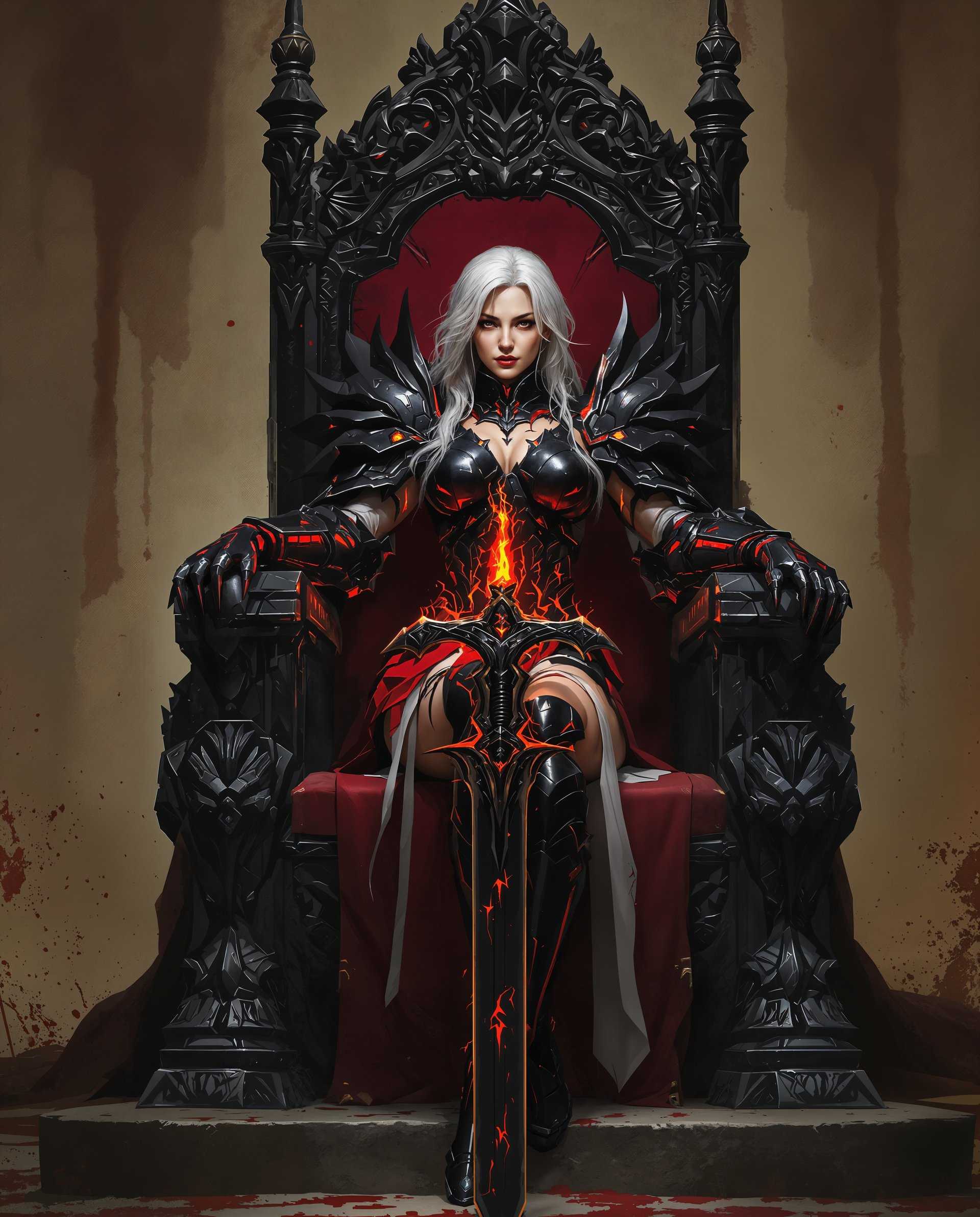 masterpiece, best quality, highres, sharp image, more detail <lora:more_details:0.5> <lora:SDXLrender_v2.0:1>, masterpiece, best quality, highres, sharp image, more detail, This image is a realistic photo (photograph) of a female real person digital artwork that features a character clad in intricate armor, seated on a throne. The art style is reminiscent of realism or science fiction genres, with a focus on detailed textures and a dramatic interplay of light and shadow.The medium appears to be a digital painting, given the smooth blending of colors and the lack of brush strokes that are characteristic of traditional mediums like oil or acrylic paints.The colors in the image are rich and varied, with a dominant palette of deep reds, blacks, and metallic grays. These colors are complemented by the characters white hair and the fiery glow emanating from the sword in the characters hand, which adds a pop of color to the otherwise dark palette.The armor is the centerpiece of the image, and it is a marvel of detail. It is made up of multiple plates and segments, each with its own texture and pattern. Some parts of the armor are smooth and reflective, while others are rough and jagged. The armor is adorned with red accents that seem to glow, possibly indicating a source of power or magic.The characters attire includes a white bodice with red detailing and a high slit that reveals the legs. The legs are covered in black armor that matches the throne and the sword. The characters hair is white and falls in loose waves around the shoulders.The throne itself is ornate and dark, with intricate carvings and a rich red velvet cushion that contrasts with the armor and the sword. The throne is placed on a stone platform, and the background is a chaotic mix of earthy tones and splatters of red, suggesting a battlescarred environment.Overall, the image exudes a sense of power, mystery, and readiness for battle, with a strong emphasis on the characters armor and the throne as symbols of status and power.