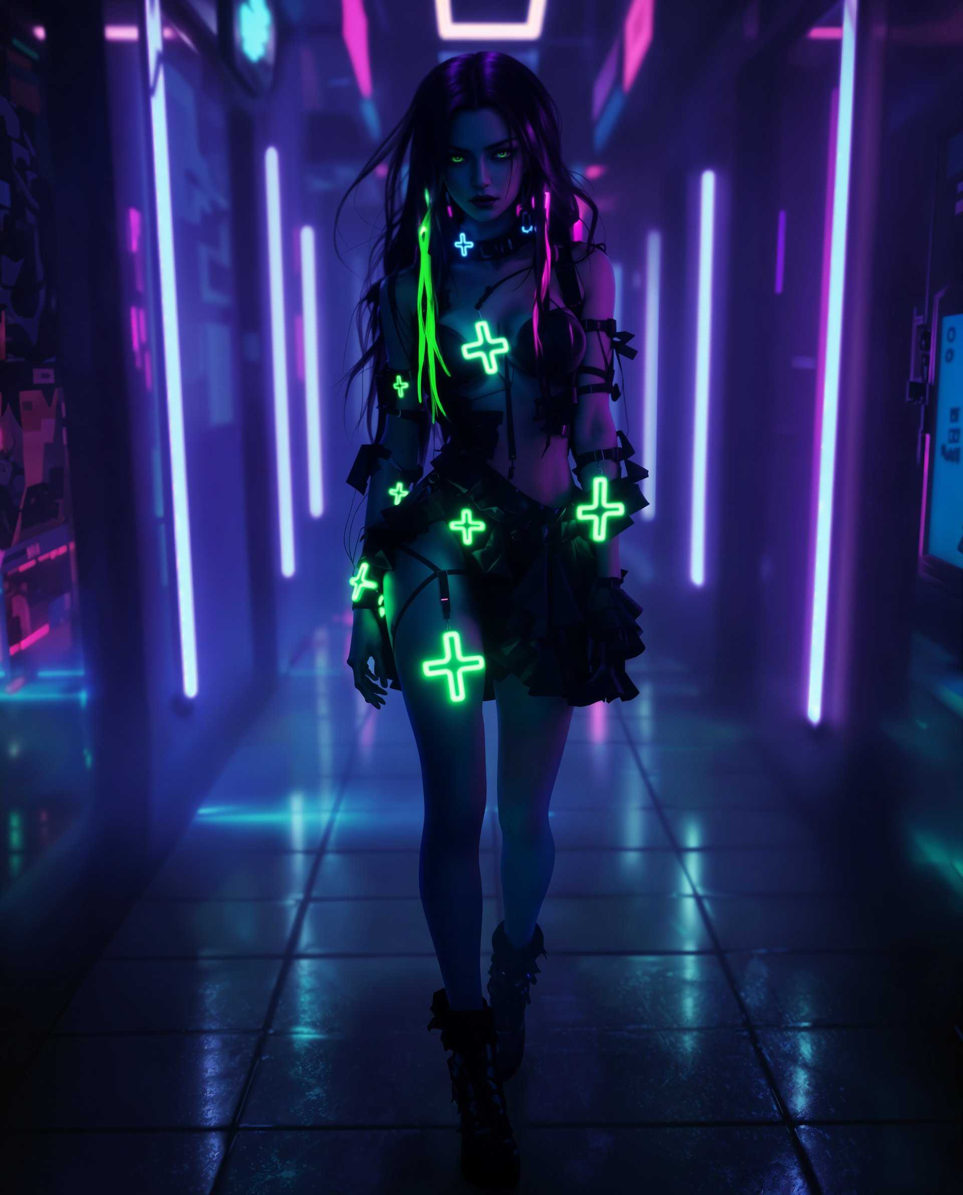 masterpiece, best quality, highres, sharp image, more detail <lora:more_details:0.5> <lora:SDXLrender_v2.0:1>, masterpiece, best quality, highres, sharp image, more detail, This image is a realistic photo (photograph) of a female real person digital artwork that features a figure in a neonlit setting. The art style is reminiscent of cyberpunk, with a focus on futuristic elements and a gritty, urban atmosphere. The medium appears to be a digital painting, given the smooth blending of colors and the lack of texture that might be present in a traditional painting.The colors in the image are predominantly dark blues and purples, with neon green accents that stand out against the dark background. The neon green is used to highlight the figure and create a sense of depth and movement within the composition. The figures skin is rendered in a realistic manner, with a gradient of colors that give it a lifelike appearance.The figure is wearing a black and neon green outfit that has a futuristic design, with ruffles and straps that add to the cyberpunk aesthetic. The outfit is adorned with glowing neon crosses, which match the overall neon theme of the image. The figures hair is long and dark, with strands of neon green that blend into the dark tones, creating a seamless transition.The background of the image is a tiled floor that reflects the neon lights, adding to the overall futuristic and urban feel of the scene. The lighting in the image is dramatic, with shadows that give the figure and the surroundings a threedimensional quality.Overall, the image is a visually striking piece that combines elements of cyberpunk with neon aesthetics to create a compelling and immersive digital artwork.