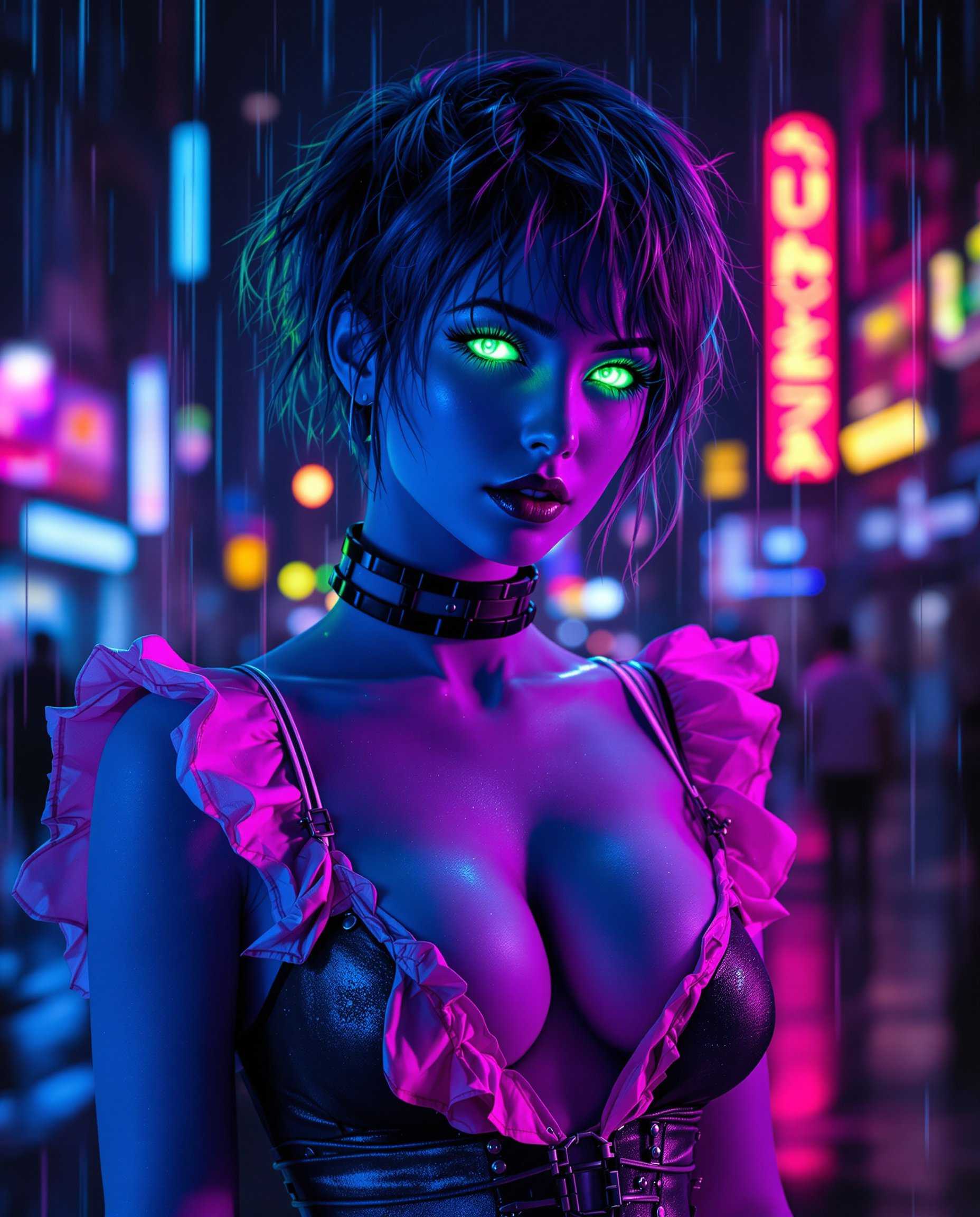 masterpiece, best quality, highres, sharp image, more detail, This image is a realistic photo (photograph) of a female real person digital artwork that presents a figure with a striking cyberpunk aesthetic. The art style is characterized by its vivid, neonlit colors and a blend of organic and mechanical elements. The medium appears to be a digital painting, given the smooth gradients and the seamless blending of colors.The colors in the image are predominantly dark blues and purples, with neon accents of green and pink that stand out against the nighttime setting. The figures skin is a gradient of blues and purples, giving it a translucent and otherworldly appearance. The irises of the eyes are a bright, electric green, which contrasts sharply with the dark tones of the hair and the surrounding environment.The figure is wearing a tight, formfitting outfit that appears to be made of a material that reflects the neon lights, giving it a shimmering effect. The outfit has a lowcut neckline and a plunging Vshape, with ruffled edges that add a touch of femininity to the otherwise edgy look. The figures hair is short and messy, with strands sticking out in various directions, and it too has a neon green hue that matches the eyes.The background is a dark, urban night scene with neon signs and glowing lights, creating a sense of a futuristic cityscape. The rain is depicted as streaks of light, giving the impression of a digital rain effect rather than a realistic one. The figure is centrally placed in the frame, with the background fading into darkness, drawing the viewers focus to the figure and her striking appearance.Overall, the image exudes a sense of otherworldliness, futurism, and a touch of melancholy, as if the figure is both a part of this neonlit world and slightly removed from it.