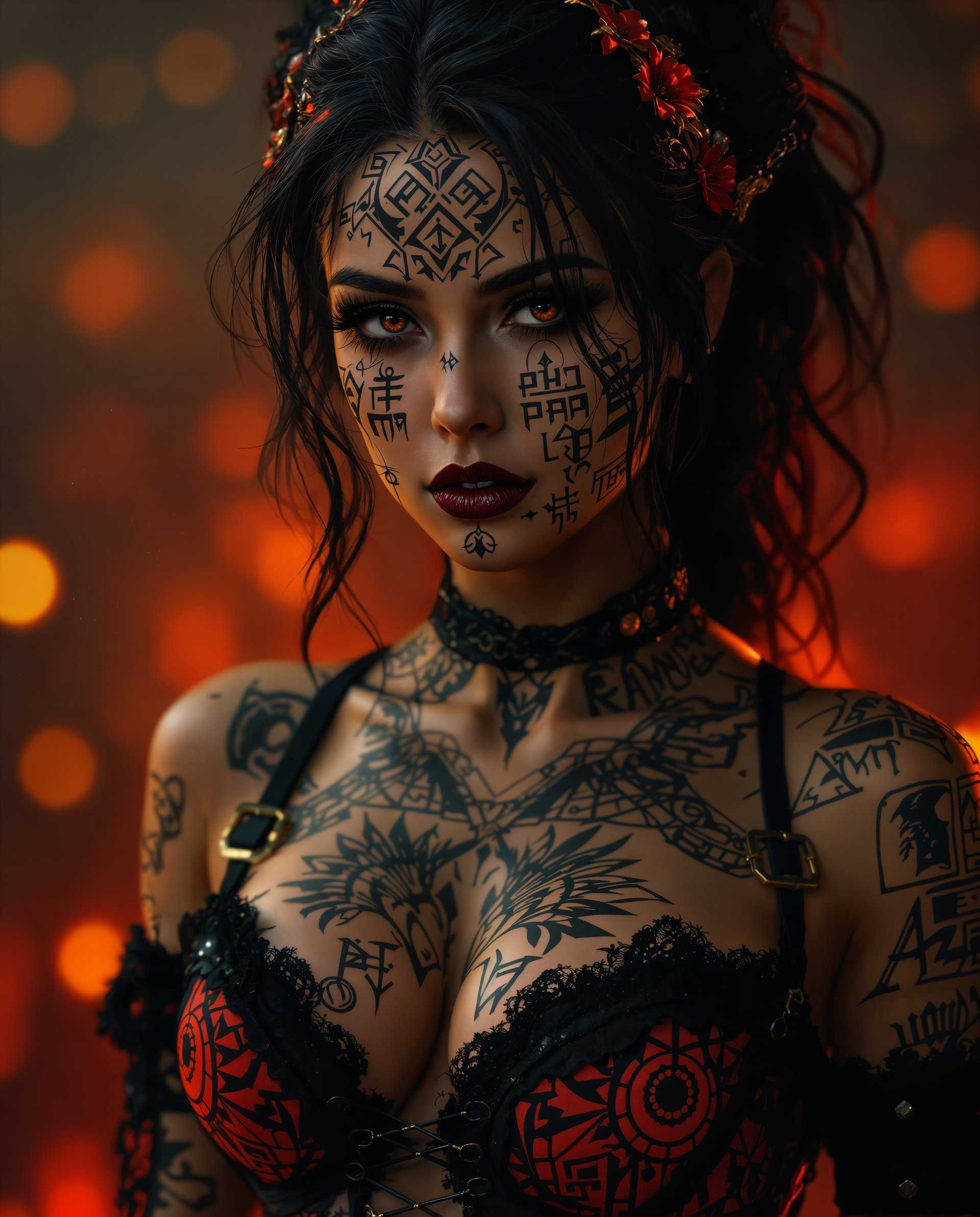 masterpiece, best quality, highres, sharp image, more detail <lora:more_details:0.5> <lora:SDXLrender_v2.0:1>, masterpiece, best quality, highres, sharp image, more detail, This image is a realistic photo (photograph) of a female real person digital artwork that features a closeup portrait of a person with a highly stylized and realistical appearance. The art style is reminiscent of digital painting, with a focus on detailed textures and a cinematic quality that suggests a narrative or character from a realistic genre.Medium The medium appears to be digital painting, as evidenced by the smooth blending of colors and the lack of brush strokes, which are common in traditional painting mediums. The use of lighting and shadow is also indicative of digital painting techniques.Colors The color palette is rich and dramatic, with a predominance of deep reds, oranges, and blacks, creating a moody and intense atmosphere. There are also accents of lighter colors, such as the persons skin tone and the highlights on the hair, which add contrast and dimension to the image.Objects in the Image1. The person in the image is adorned with intricate tattoos that cover their neck, shoulders, and chest. The tattoos are detailed with various symbols and patterns, including geometric shapes, lines, and what appear to be runes or ancient script, contributing to the realistic theme of the artwork.2. The person is wearing a black garment with a red and black patterned design that resembles a corset or bodice, with straps crisscrossing over the chest. The garment has a gothic or steampunk influence, with lace and chain details that add to the overall aesthetic.3. The background of the image is blurred and fiery, with warm tones of red and orange that suggest a setting on fire or a dramatic, atmospheric scene. The bokeh effect and the way the light plays across the image give it a cinematic quality.Overall, the image is a rich and immersive portrayal of a character that combines elements of realism, gothic, and steampunk styles, with a focus on detailed tattoos and a dramatic, atmospheric background.