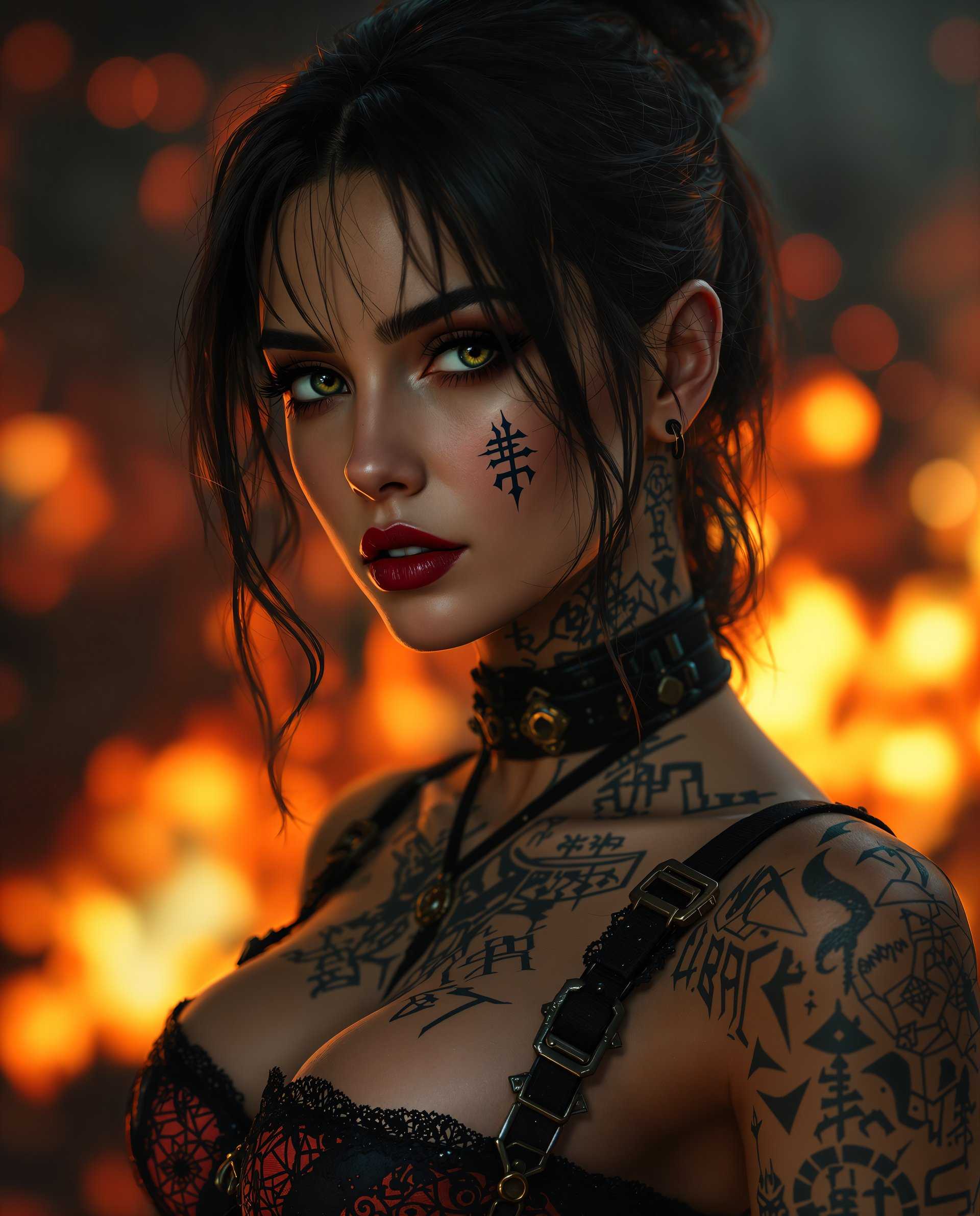 masterpiece, best quality, highres, sharp image, more detail <lora:more_details:0.5> <lora:SDXLrender_v2.0:1>, This image is a realistic photo (photograph) of a female real person digital artwork that features a closeup portrait of a person with a highly stylized and realistical appearance. The art style is reminiscent of digital painting, with a focus on detailed textures and a cinematic quality that suggests a narrative or character from a realistic genre.Medium The medium appears to be digital painting, as evidenced by the smooth blending of colors and the lack of brush strokes, which are common in traditional painting mediums. The use of lighting and shadow is also indicative of digital painting techniques.Colors The color palette is rich and dramatic, with a predominance of deep reds, oranges, and blacks, creating a moody and intense atmosphere. There are also accents of lighter colors, such as the persons skin tone and the highlights on the hair, which add contrast and dimension to the image.Objects in the Image1. The person in the image is adorned with intricate tattoos that cover their neck, shoulders, and chest. The tattoos are detailed with various symbols and patterns, including geometric shapes, lines, and what appear to be runes or ancient script, contributing to the realistic theme of the artwork.2. The person is wearing a black garment with a red and black patterned design that resembles a corset or bodice, with straps crisscrossing over the chest. The garment has a gothic or steampunk influence, with lace and chain details that add to the overall aesthetic.3. The background of the image is blurred and fiery, with warm tones of red and orange that suggest a setting on fire or a dramatic, atmospheric scene. The bokeh effect and the way the light plays across the image give it a cinematic quality.Overall, the image is a rich and immersive portrayal of a character that combines elements of realism, gothic, and steampunk styles, with a focus on detailed tattoos and a dramatic, atmospheric background.