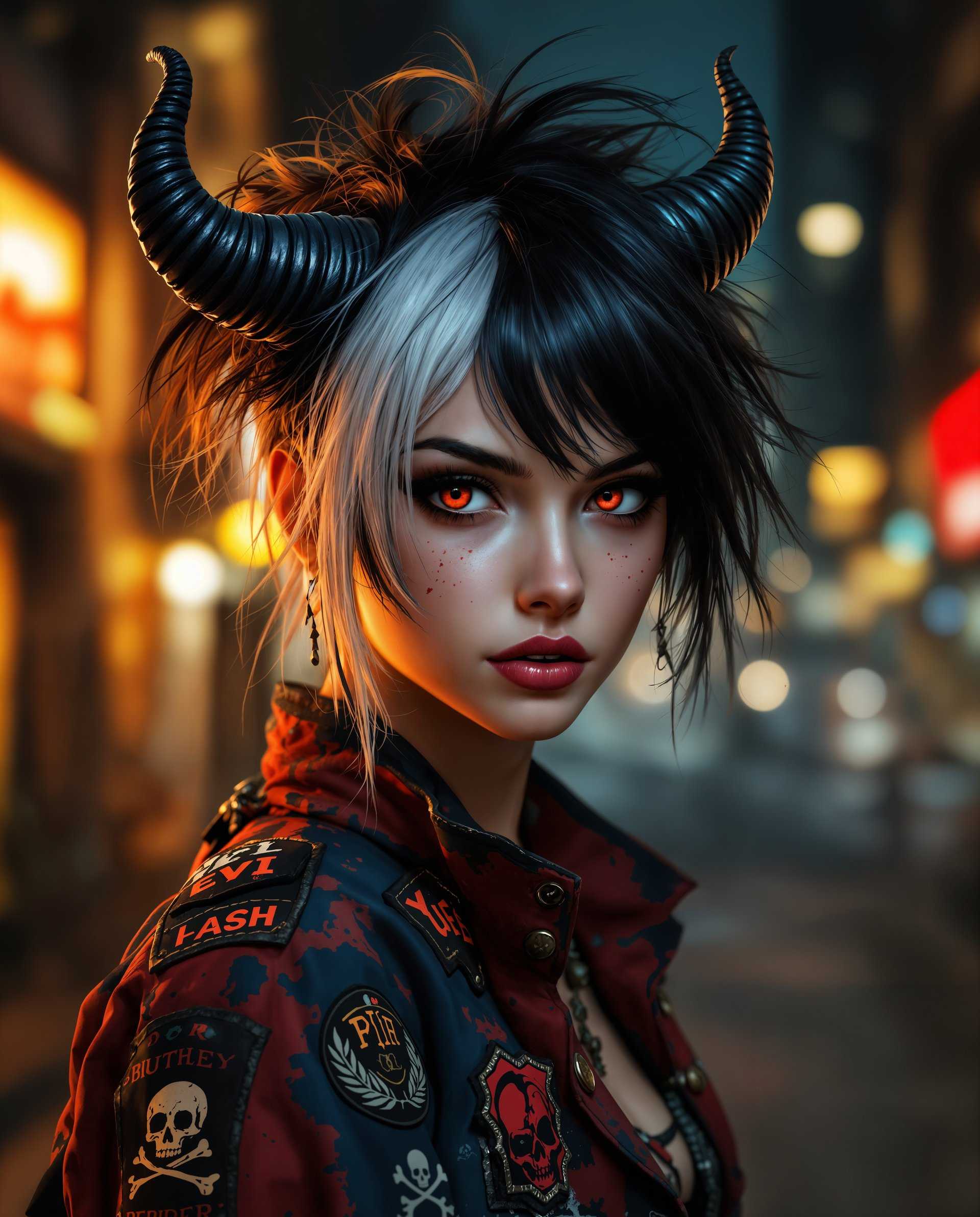 masterpiece, best quality, highres, sharp image, more detail <lora:more_details:0.5> <lora:SDXLrender_v2.0:1>, masterpiece, best quality, highres, sharp image, more detail, This image is a realistic photo (photograph) of a female real person digital artwork that features a character with a striking appearance. The character has a twotoned hairstyle, with dark roots transitioning into a lighter, almost white color at the tips. The hair is styled in a messy, edgy manner, with strands sticking out in various directions, giving it a wild and untamed look.The character has prominent, curved horns that protrude from the top of the head, adding to the fantastical nature of the image. The horns are detailed with a textured appearance, resembling scales or leather, and are colored in a deep, black hue.The characters eyes are a vivid shade of red, which stands out against the pale skin and is accentuated by the dark, arched eyebrows. There are small, frecklelike spots scattered across the cheeks and forehead, contributing to the characters youthful and somewhat mischievous appearance.The character is wearing a jacket that has a punk or alternative style, with patches and designs that include skulls, crossbones, and other dark, edgy symbols. The jacket is primarily in shades of red and blue, with some areas showing a distressed look, as if it has been worn and wellloved.The medium of the artwork is digital painting, as evidenced by the smooth blending of colors and the lack of texture that would be present in a traditional painting. The lighting in the image is dramatic, with warm tones of orange and yellow creating a moody and atmospheric effect. The background is a dimly lit, urban night scene, with blurred lights and indistinct shapes that suggest a bustling cityscape.Overall, the image exudes a sense of fantasy, rebellion, and edginess, with a strong emphasis on the characters unique and striking features. The art style is reminiscent of modern digital realism art, with attention to detail and a focus on creating a visually compelling and immersive experience for the viewer.