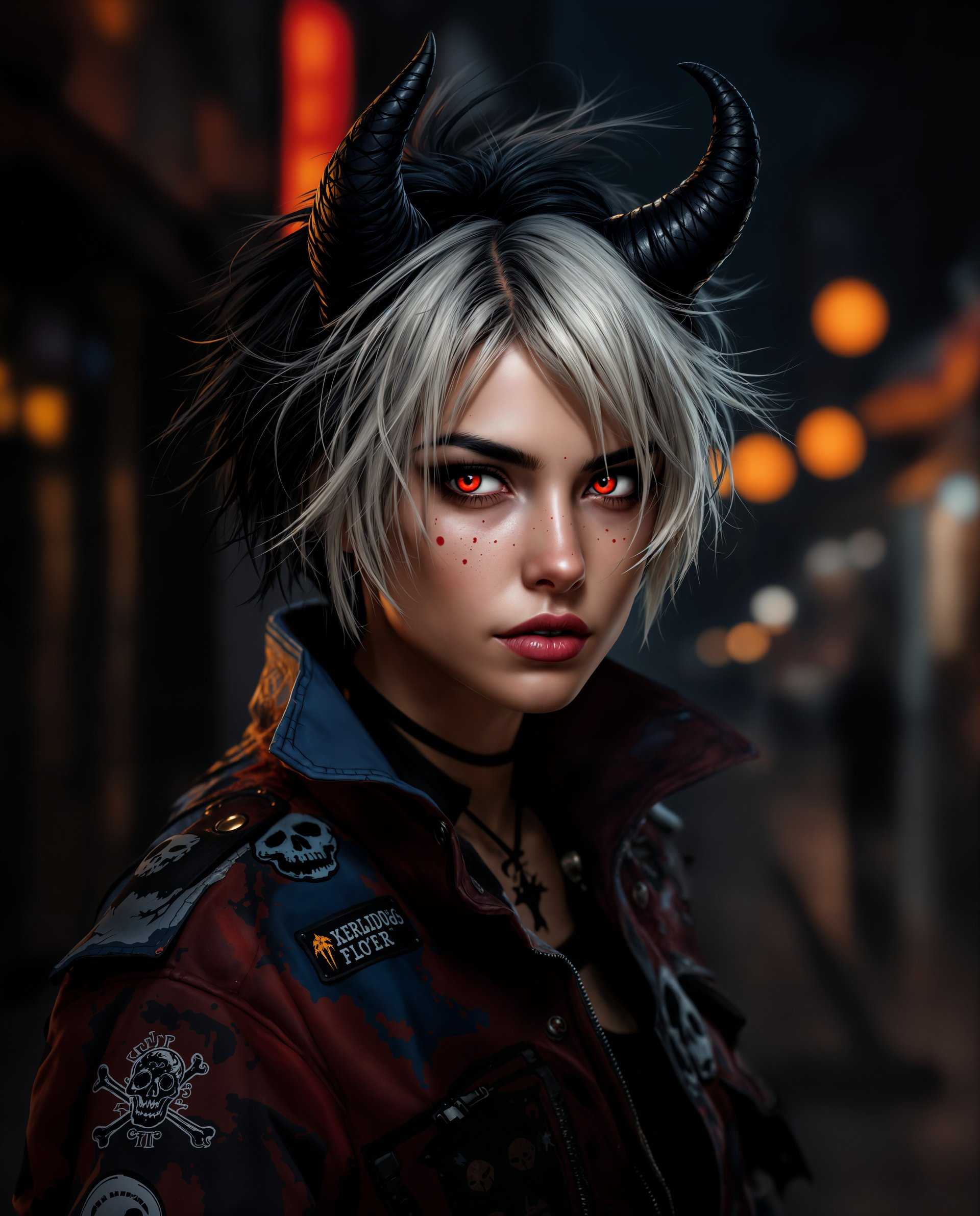 masterpiece, best quality, highres, sharp image, more detail <lora:more_details:0.5> <lora:SDXLrender_v2.0:1>, masterpiece, best quality, highres, sharp image, more detail, This image is a realistic photo (photograph) of a female real person digital artwork that features a character with a striking appearance. The character has a twotoned hairstyle, with dark roots transitioning into a lighter, almost white color at the tips. The hair is styled in a messy, edgy manner, with strands sticking out in various directions, giving it a wild and untamed look.The character has prominent, curved horns that protrude from the top of the head, adding to the fantastical nature of the image. The horns are detailed with a textured appearance, resembling scales or leather, and are colored in a deep, black hue.The characters eyes are a vivid shade of red, which stands out against the pale skin and is accentuated by the dark, arched eyebrows. There are small, frecklelike spots scattered across the cheeks and forehead, contributing to the characters youthful and somewhat mischievous appearance.The character is wearing a jacket that has a punk or alternative style, with patches and designs that include skulls, crossbones, and other dark, edgy symbols. The jacket is primarily in shades of red and blue, with some areas showing a distressed look, as if it has been worn and wellloved.The medium of the artwork is digital painting, as evidenced by the smooth blending of colors and the lack of texture that would be present in a traditional painting. The lighting in the image is dramatic, with warm tones of orange and yellow creating a moody and atmospheric effect. The background is a dimly lit, urban night scene, with blurred lights and indistinct shapes that suggest a bustling cityscape.Overall, the image exudes a sense of fantasy, rebellion, and edginess, with a strong emphasis on the characters unique and striking features. The art style is reminiscent of modern digital realism art, with attention to detail and a focus on creating a visually compelling and immersive experience for the viewer.
