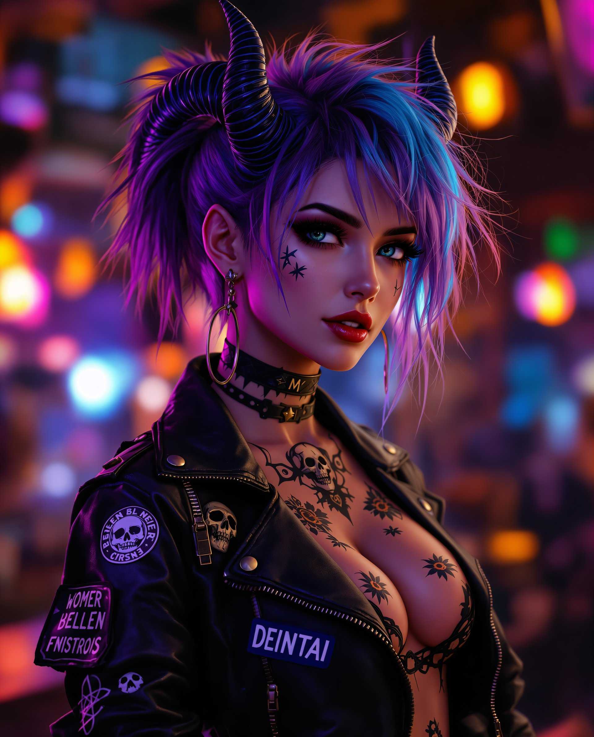 masterpiece, best quality, highres, sharp image, more detail <lora:more_details:0.5> <lora:SDXLrender_v2.0:1>, This image is a realistic photo (photograph) of a female real person digital artwork that presents a figure with a cyberpunk or fantasy aesthetic. The art style is highly detailed and realistic, with a focus on textures and lighting that give the image a threedimensional quality.The medium appears to be a digital painting, utilizing software that allows for a high level of control over color, shading, and lighting. The image has a cinematic quality, with a depth of field that blurs the background while keeping the figure in sharp focus.The colors in the image are rich and vibrant, with a predominance of purples, blues, and blacks, which give the artwork a moody and atmospheric feel. There are also warm tones of orange and yellow in the background, which contrast with the cooler colors of the figure and create a dynamic interplay of light and shadow.The figure in the image is wearing a black leather jacket with various patches and symbols, including one that reads DEINTAI. The jacket has a rugged texture and is detailed with zippers and rivets. The figure also has tattoos on their neck, arms, and torso, which are stylized and intricate, featuring skulls and floral motifs.The figures hair is a striking shade of purple with blue highlights, styled in a messy, edgy fashion. They have horns protruding from their head, which are also detailed with a textured pattern that resembles scales or feathers.The background of the image is a dimly lit bar or club, with warm lighting that casts a bokeh effect. The blurred lights and shapes in the background contribute to the atmosphere of the scene and draw the viewers focus to the figure in the foreground.Overall, the image is a compelling blend of fantasy and cyberpunk elements, with a focus on detailed textures, rich colors, and a moody atmosphere. The figures confident pose and the intricate design of their clothing and tattoos suggest a narrative of rebellion and individuality.