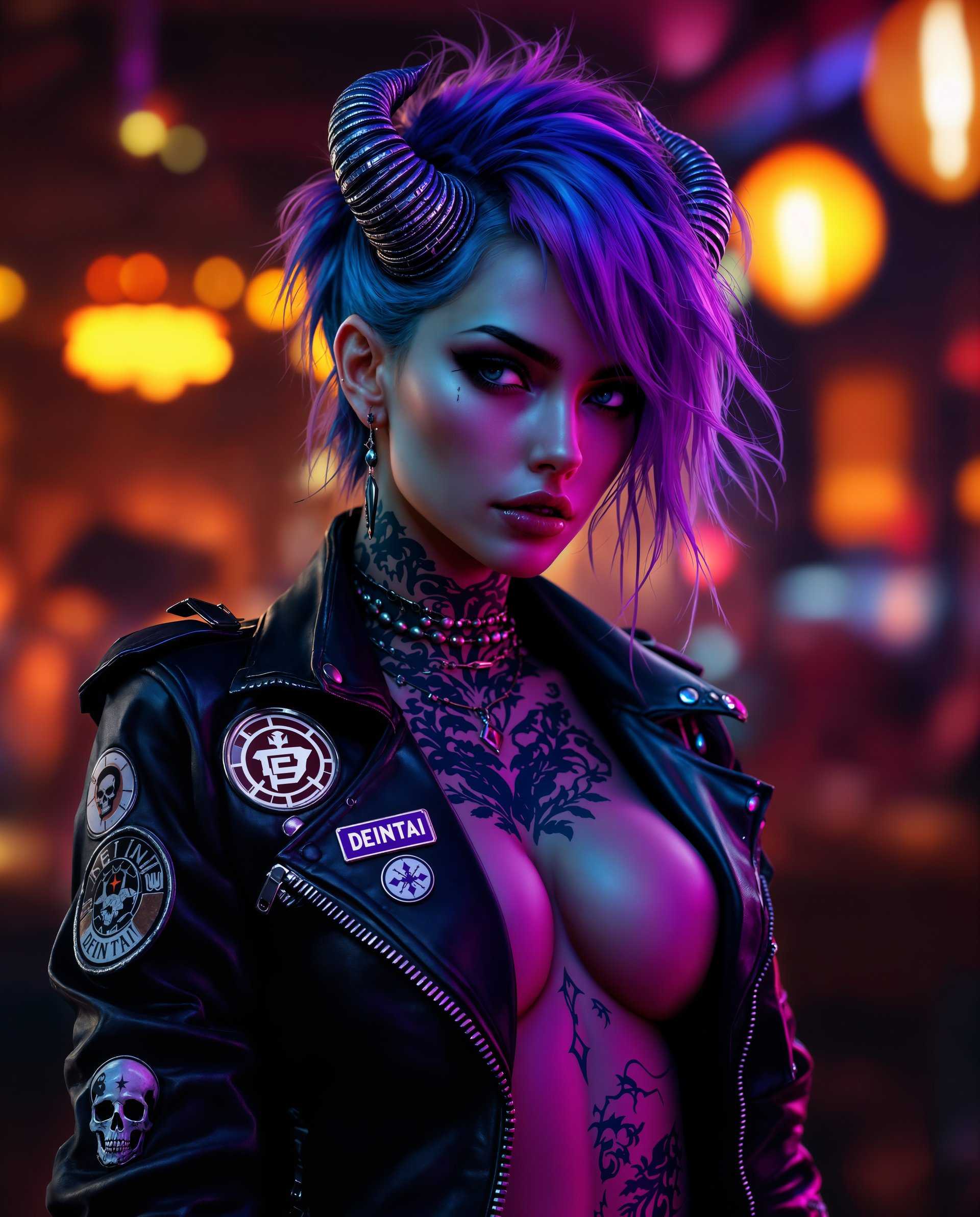 masterpiece, best quality, highres, sharp image, more detail <lora:more_details:0.5> <lora:SDXLrender_v2.0:1>, masterpiece, best quality, highres, sharp image, more detail, This image is a realistic photo (photograph) of a female real person digital artwork that presents a figure with a cyberpunk or fantasy aesthetic. The art style is highly detailed and realistic, with a focus on textures and lighting that give the image a threedimensional quality.The medium appears to be a digital painting, utilizing software that allows for a high level of control over color, shading, and lighting. The image has a cinematic quality, with a depth of field that blurs the background while keeping the figure in sharp focus.The colors in the image are rich and vibrant, with a predominance of purples, blues, and blacks, which give the artwork a moody and atmospheric feel. There are also warm tones of orange and yellow in the background, which contrast with the cooler colors of the figure and create a dynamic interplay of light and shadow.The figure in the image is wearing a black leather jacket with various patches and symbols, including one that reads DEINTAI. The jacket has a rugged texture and is detailed with zippers and rivets. The figure also has tattoos on their neck, arms, and torso, which are stylized and intricate, featuring skulls and floral motifs.The figures hair is a striking shade of purple with blue highlights, styled in a messy, edgy fashion. They have horns protruding from their head, which are also detailed with a textured pattern that resembles scales or feathers.The background of the image is a dimly lit bar or club, with warm lighting that casts a bokeh effect. The blurred lights and shapes in the background contribute to the atmosphere of the scene and draw the viewers focus to the figure in the foreground.Overall, the image is a compelling blend of fantasy and cyberpunk elements, with a focus on detailed textures, rich colors, and a moody atmosphere. The figures confident pose and the intricate design of their clothing and tattoos suggest a narrative of rebellion and individuality.