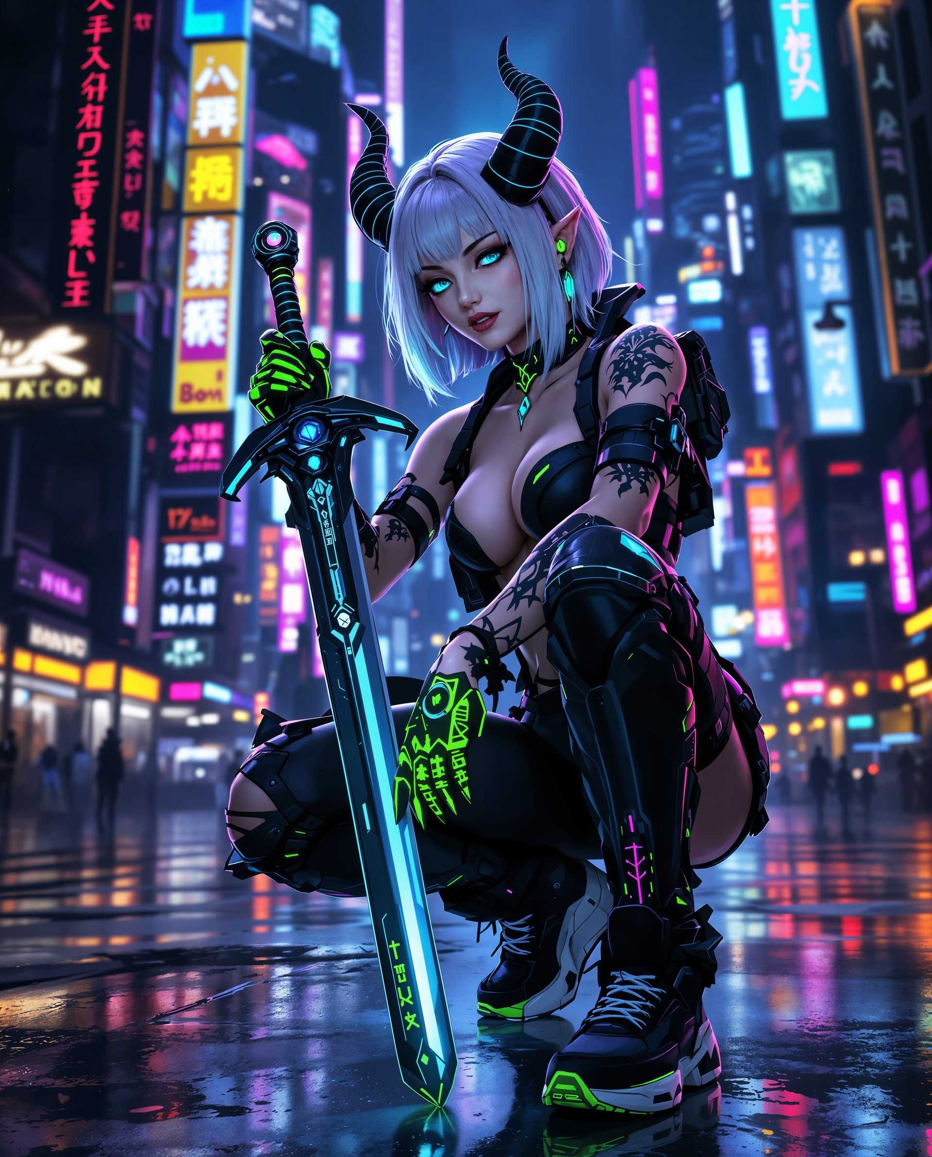 masterpiece, best quality, highres, sharp image, more detail <lora:more_details:0.5> <lora:SDXLrender_v2.0:1>, masterpiece, best quality, highres, sharp image, more detail, This image is a realistic photo (photograph) of a female real person digital artwork that features a cyberpunk inspired character. The character is a humanoid female with pale blue hair and horns, giving her a demonic appearance. Her eyes are a striking shade of blue, and she has a confident, somewhat mischievous expression.The art style is a blend of anime and cyberpunk, with a focus on detailed textures and a futuristic aesthetic. The medium appears to be digital painting, given the smooth gradients and the lack of brush strokes.The colors in the image are predominantly dark blues, blacks, and neon greens, with pops of purple and pink. The neon green highlights on the characters hair, clothing, and accessories stand out against the darker tones, creating a stark contrast that emphasizes the cyberpunk theme.The objects in the image include1. Sword The character is holding a futuristic sword with a black and neon green design. The sword has a mechanical look with glowing blue accents and a holographic display on the hilt.2. Clothing The character is wearing a neon green and black combat outfit with cybernetic elements. The outfit has a sleek, formfitting design that contours to her body, and its adorned with glowing blue details.3. Shoes She is wearing hightop sneakers with a similar neon green and black design as her outfit. The shoes have a futuristic look with glowing blue highlights and intricate patterns.4. Tattoos The character has neon green tattoos on her legs, arms, and neck. The tattoos are stylized and have a cyberpunk vibe, with glowing blue outlines.5. Accessories She has various cybernetic accessories, including a pair of neon green gloves with glowing blue details, a choker with a glowing blue pendant, and a pair of neon green earrings.The background of the image is a neonlit cityscape, with towering skyscrapers and signs that are illuminated in various colors. The city has a gritty, industrial feel, with reflections on the wet pavement and a sense of movement and energy. The lighting in the scene is dramatic, with shadows that add depth and a moody ambiance to the overall composition.