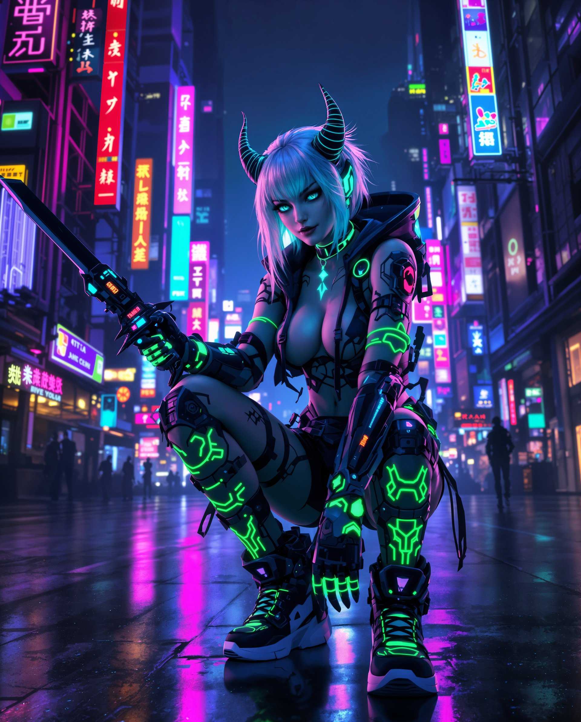 masterpiece, best quality, highres, sharp image, more detail <lora:more_details:0.5> <lora:SDXLrender_v2.0:1>, masterpiece, best quality, highres, sharp image, more detail, This image is a realistic photo (photograph) of a female real person digital artwork that features a cyberpunk inspired character. The character is a humanoid female with pale blue hair and horns, giving her a demonic appearance. Her eyes are a striking shade of blue, and she has a confident, somewhat mischievous expression.The art style is a blend of anime and cyberpunk, with a focus on detailed textures and a futuristic aesthetic. The medium appears to be digital painting, given the smooth gradients and the lack of brush strokes.The colors in the image are predominantly dark blues, blacks, and neon greens, with pops of purple and pink. The neon green highlights on the characters hair, clothing, and accessories stand out against the darker tones, creating a stark contrast that emphasizes the cyberpunk theme.The objects in the image include1. Sword The character is holding a futuristic sword with a black and neon green design. The sword has a mechanical look with glowing blue accents and a holographic display on the hilt.2. Clothing The character is wearing a neon green and black combat outfit with cybernetic elements. The outfit has a sleek, formfitting design that contours to her body, and its adorned with glowing blue details.3. Shoes She is wearing hightop sneakers with a similar neon green and black design as her outfit. The shoes have a futuristic look with glowing blue highlights and intricate patterns.4. Tattoos The character has neon green tattoos on her legs, arms, and neck. The tattoos are stylized and have a cyberpunk vibe, with glowing blue outlines.5. Accessories She has various cybernetic accessories, including a pair of neon green gloves with glowing blue details, a choker with a glowing blue pendant, and a pair of neon green earrings.The background of the image is a neonlit cityscape, with towering skyscrapers and signs that are illuminated in various colors. The city has a gritty, industrial feel, with reflections on the wet pavement and a sense of movement and energy. The lighting in the scene is dramatic, with shadows that add depth and a moody ambiance to the overall composition.