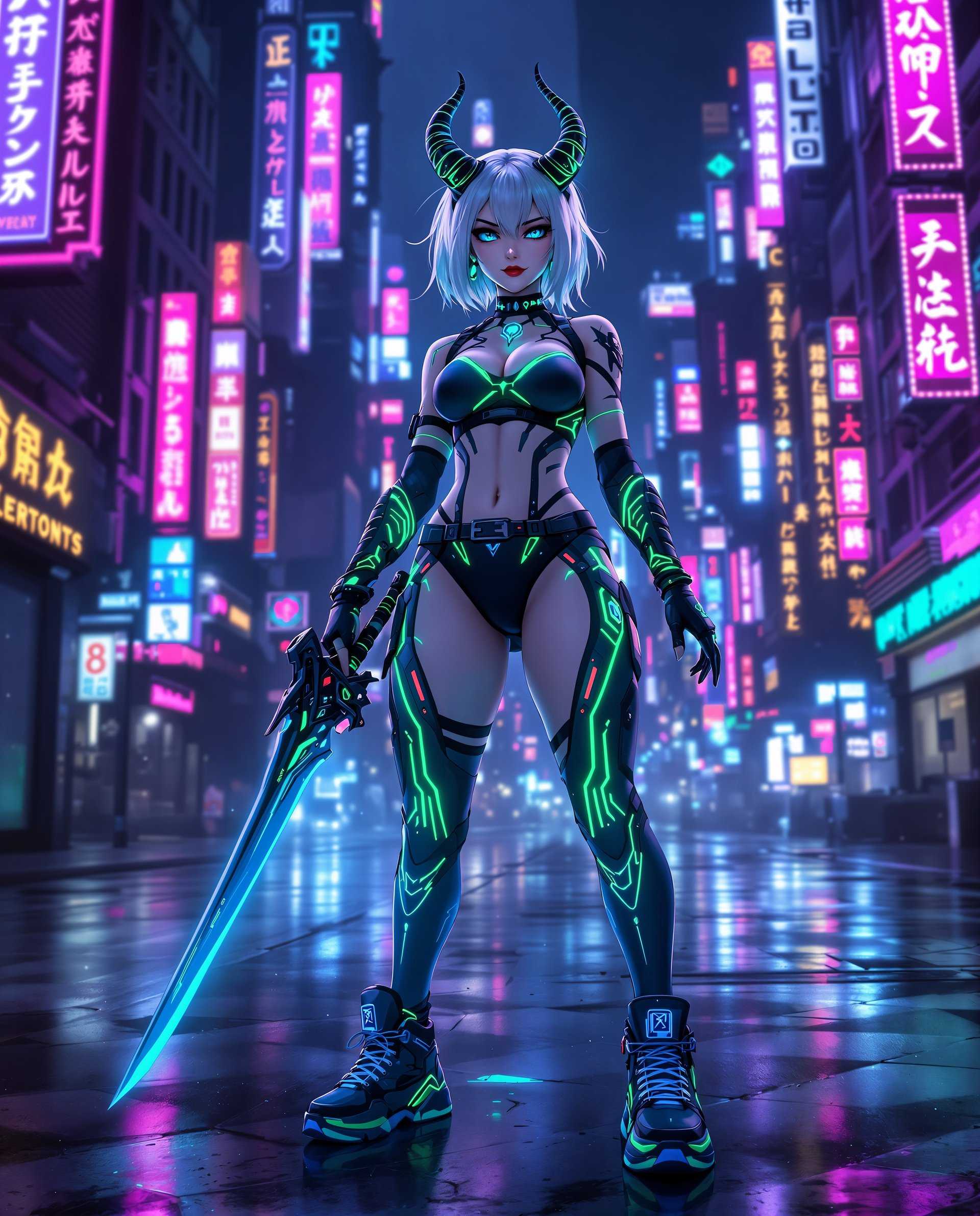 masterpiece, best quality, highres, sharp image, more detail <lora:more_details:0.5> <lora:SDXLrender_v2.0:1>, This image is a realistic photo (photograph) of a female real person digital artwork that features a cyberpunk inspired character. The character is a humanoid female with pale blue hair and horns, giving her a demonic appearance. Her eyes are a striking shade of blue, and she has a confident, somewhat mischievous expression.The art style is a blend of anime and cyberpunk, with a focus on detailed textures and a futuristic aesthetic. The medium appears to be digital painting, given the smooth gradients and the lack of brush strokes.The colors in the image are predominantly dark blues, blacks, and neon greens, with pops of purple and pink. The neon green highlights on the characters hair, clothing, and accessories stand out against the darker tones, creating a stark contrast that emphasizes the cyberpunk theme.The objects in the image include1. Sword The character is holding a futuristic sword with a black and neon green design. The sword has a mechanical look with glowing blue accents and a holographic display on the hilt.2. Clothing The character is wearing a neon green and black combat outfit with cybernetic elements. The outfit has a sleek, formfitting design that contours to her body, and its adorned with glowing blue details.3. Shoes She is wearing hightop sneakers with a similar neon green and black design as her outfit. The shoes have a futuristic look with glowing blue highlights and intricate patterns.4. Tattoos The character has neon green tattoos on her legs, arms, and neck. The tattoos are stylized and have a cyberpunk vibe, with glowing blue outlines.5. Accessories She has various cybernetic accessories, including a pair of neon green gloves with glowing blue details, a choker with a glowing blue pendant, and a pair of neon green earrings.The background of the image is a neonlit cityscape, with towering skyscrapers and signs that are illuminated in various colors. The city has a gritty, industrial feel, with reflections on the wet pavement and a sense of movement and energy. The lighting in the scene is dramatic, with shadows that add depth and a moody ambiance to the overall composition.