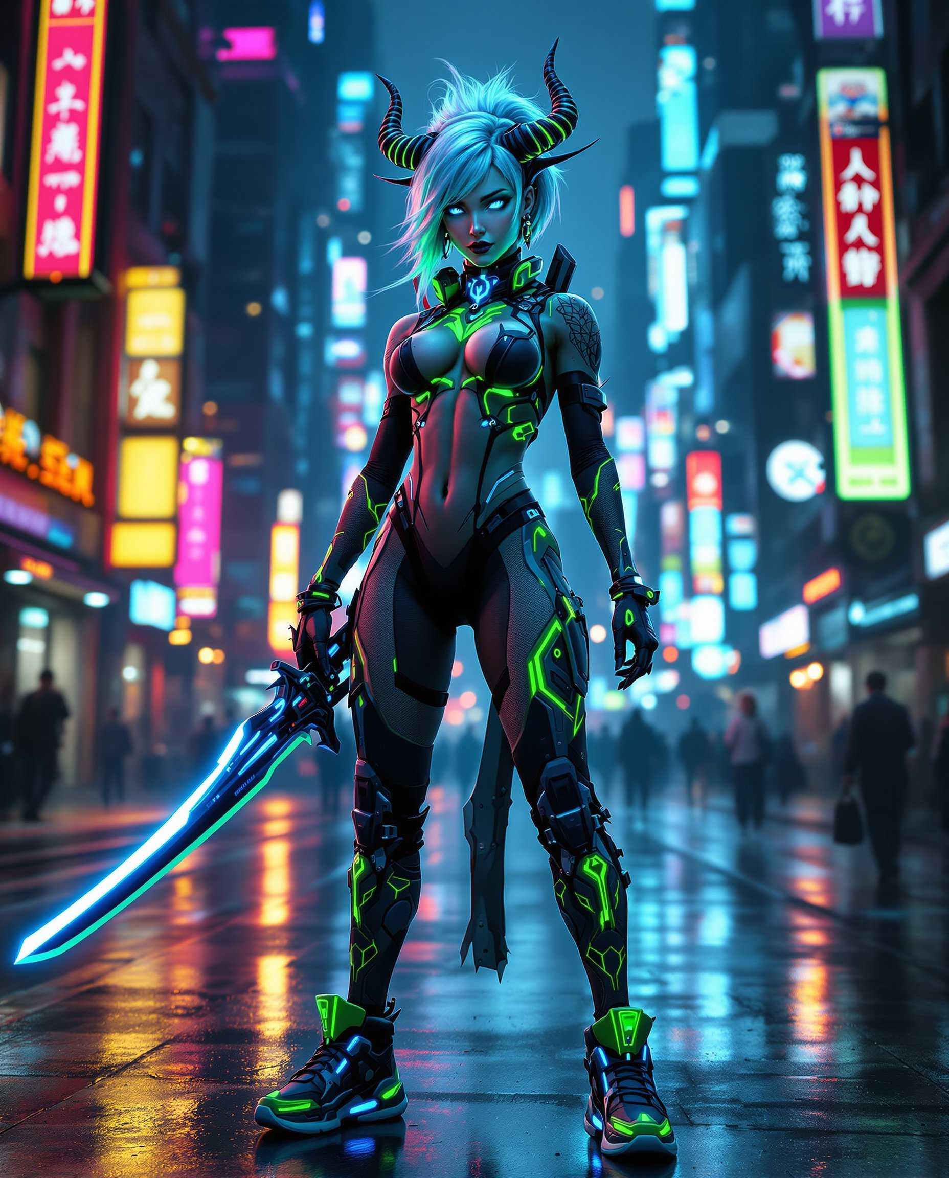 masterpiece, best quality, highres, sharp image, more detail, Create a realistic photograph of a cyberpunk-inspired humanoid female character. She has pale blue hair styled in an elaborate, futuristic design, and her horns give her a demonic yet captivating appearance. Her eyes are a vibrant, striking blue, reflecting confidence and a hint of mischief. 

**Art Style:** The image should merge realism with cyberpunk aesthetics, showcasing detailed textures like the smooth, metallic surfaces of her cybernetic enhancements and the complex, illuminated patterns of her attire.

**Visual Details:**
- **Hair:** Pale blue with neon green streaks, styled in a high-tech, gravity-defying manner.
- **Eyes:** Electric blue with a slight glow, enhancing her otherworldly charm.
- **Outfit:** A sleek, form-fitting combat suit in neon green and black with glowing blue cybernetic elements. The suit contours to her body, highlighting her muscular frame.
- **Sword:** A futuristic black and neon green blade, featuring mechanical components, glowing blue accents, and a holographic display on the hilt.
- **Shoes:** High-top sneakers matching her outfit, with intricate patterns and glowing blue highlights.
- **Tattoos:** Neon green tattoos with glowing blue outlines, covering her limbs and neck, adding to her cyberpunk persona.
- **Accessories:** Neon green gloves, a choker with a blue glowing pendant, and matching earrings.

**Composition:**
- The character stands in a dynamic pose, sword in hand, ready for action. The camera angle captures her from a slight low angle, emphasizing her dominance in the scene.
- She is framed against a bustling, neon-lit cityscape at night, with towering skyscrapers casting dramatic shadows and reflections on the wet pavement.

**Mood and Atmosphere:**
- The scene is set at night, with a sense of perpetual movement and energy. The atmosphere is moody, with a slight mist in the air, adding to the cyberpunk feel.
- Lighting is dramatic, with neon lights casting long shadows and creating a contrast between the dark background and the character's glowing features.

**Technical Aspects:**
- Utilize chiaroscuro lighting techniques to enhance the depth and drama of the scene.
- Employ a shallow depth of field to focus on the character while allowing the cityscape to blur into a vibrant, glowing backdrop.
- Ensure the textures are hyper-realistic, from the reflection on the sword to the fine details of her tattoos and the smooth, futuristic fabric of her clothing.

This image should evoke a sense of a futuristic, dystopian world where technology and humanity blend seamlessly, highlighted by the character's confident stance