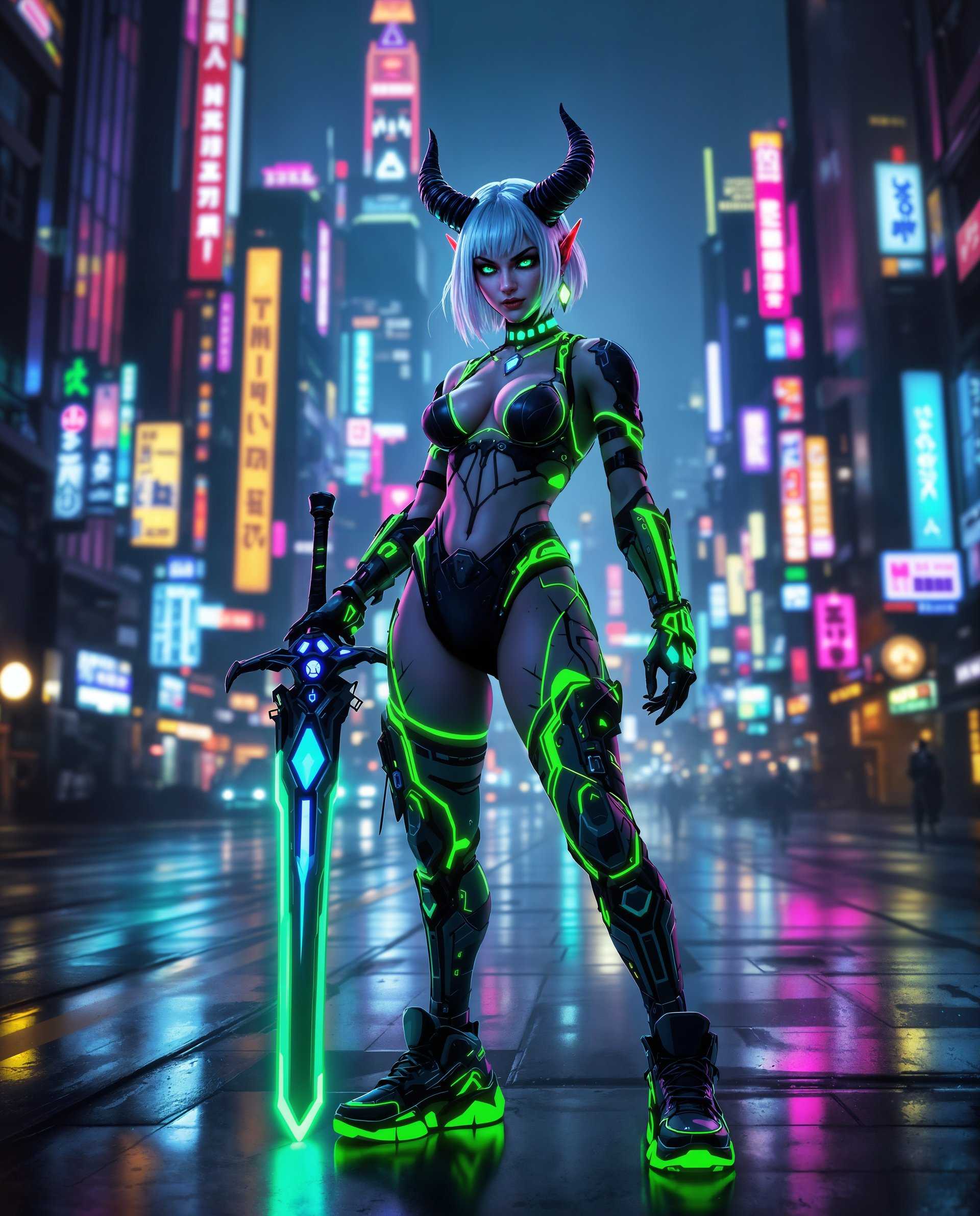 masterpiece, best quality, highres, sharp image, more detail <lora:more_details:0.5> <lora:SDXLrender_v2.0:1>, masterpiece, best quality, highres, sharp image, more detail, This image is a realistic photo (photograph) of a female real person digital artwork that features a cyberpunk inspired character. The character is a humanoid female with pale blue hair and horns, giving her a demonic appearance. Her eyes are a striking shade of blue, and she has a confident, somewhat mischievous expression.The art style is a blend of realism and cyberpunk, with a focus on detailed textures and a futuristic aesthetic. The medium appears to be digital painting, given the smooth gradients and the lack of brush strokes.The colors in the image are predominantly dark blues, blacks, and neon greens, with pops of purple and pink. The neon green highlights on the characters hair, clothing, and accessories stand out against the darker tones, creating a stark contrast that emphasizes the cyberpunk theme.The objects in the image include1. Sword The character is holding a futuristic sword with a black and neon green design. The sword has a mechanical look with glowing blue accents and a holographic display on the hilt.2. Clothing The character is wearing a neon green and black combat outfit with cybernetic elements. The outfit has a sleek, formfitting design that contours to her body, and its adorned with glowing blue details.3. Shoes She is wearing hightop sneakers with a similar neon green and black design as her outfit. The shoes have a futuristic look with glowing blue highlights and intricate patterns.4. Tattoos The character has neon green tattoos on her legs, arms, and neck. The tattoos are stylized and have a cyberpunk vibe, with glowing blue outlines.5. Accessories She has various cybernetic accessories, including a pair of neon green gloves with glowing blue details, a choker with a glowing blue pendant, and a pair of neon green earrings.The background of the image is a neonlit cityscape, with towering skyscrapers and signs that are illuminated in various colors. The city has a gritty, industrial feel, with reflections on the wet pavement and a sense of movement and energy. The lighting in the scene is dramatic, with shadows that add depth and a moody ambiance to the overall composition.