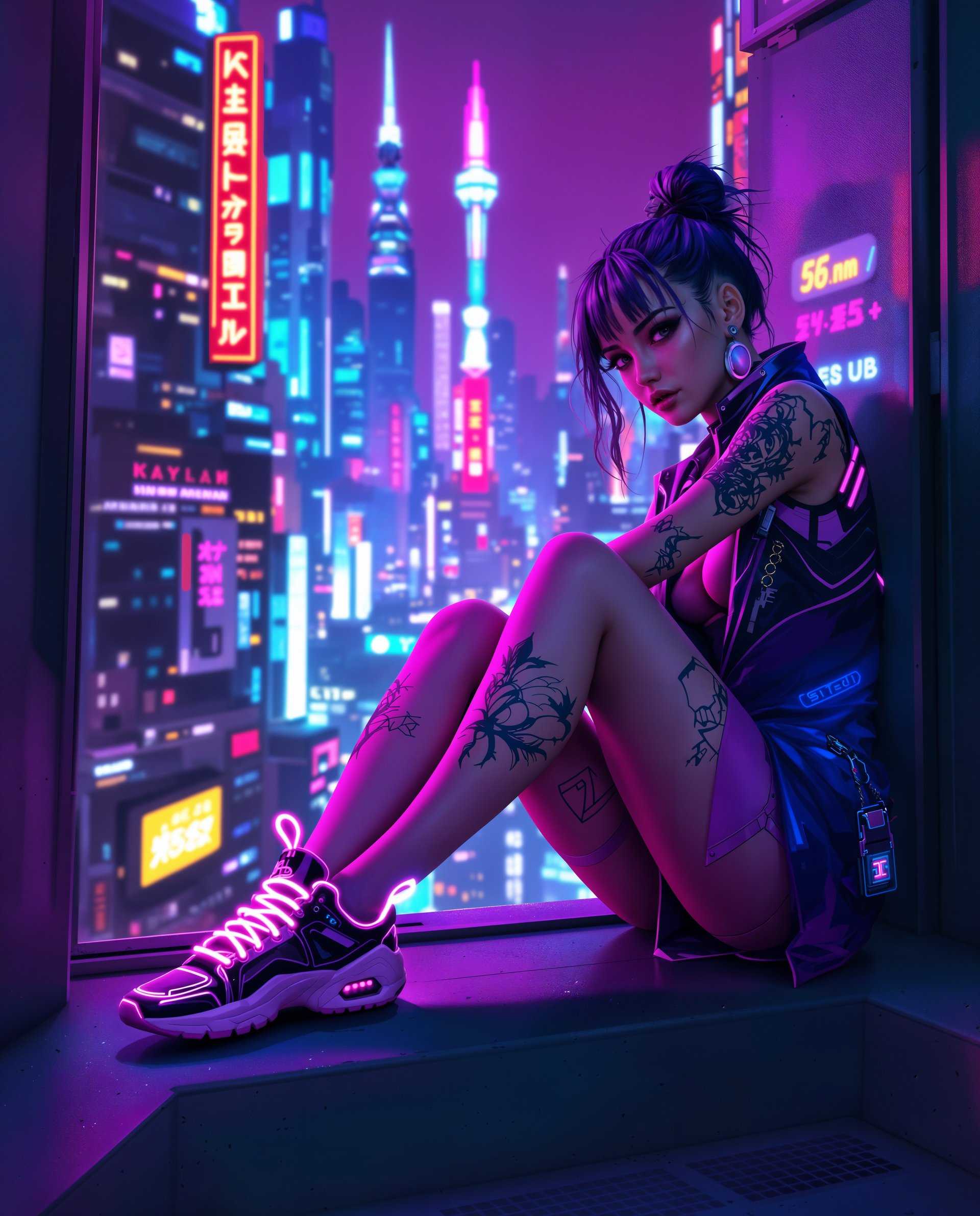masterpiece, best quality, highres, sharp image, more detail <lora:more_details:0.5> <lora:SDXLrender_v2.0:1>, masterpiece, best quality, highres, sharp image, more detail, This image is a realistic photo (photograph) of a female real person digital artwork that captures a cyberpunk aesthetic, characterized by its futuristic, neonlit cityscape and the sleek, hightech attire of the central figure. The art style is reminiscent of science fiction and dystopian themes, often found in video games, comics, and movies.The medium appears to be digital painting, given the smooth gradients and seamless blending of colors. The image is rich in detail and texture, with a high level of realism in the rendering of the figures skin and clothing.Colors are vibrant and saturated, with a predominance of purples, blues, and pinks, which are highlighted by neon accents. The city behind the figure is awash with neon signs and lights, creating a sense of energy and nightlife. The figures outfit is also a kaleidoscope of colors, with a mix of purples, blues, and blacks, punctuated by bright pink and neon accents on the shoes and accessories.Objects in the image include the figures futuristic hightech sneakers with glowing pink laces, a tattooed leg, a glimpse of a futuristic cityscape with towering skyscrapers and neon signs, and a glimpse of a window frame and urban environment. The figure is seated on what appears to be a ledge or platform, with a sense of depth and perspective created by the positioning of the figure and the objects around her.