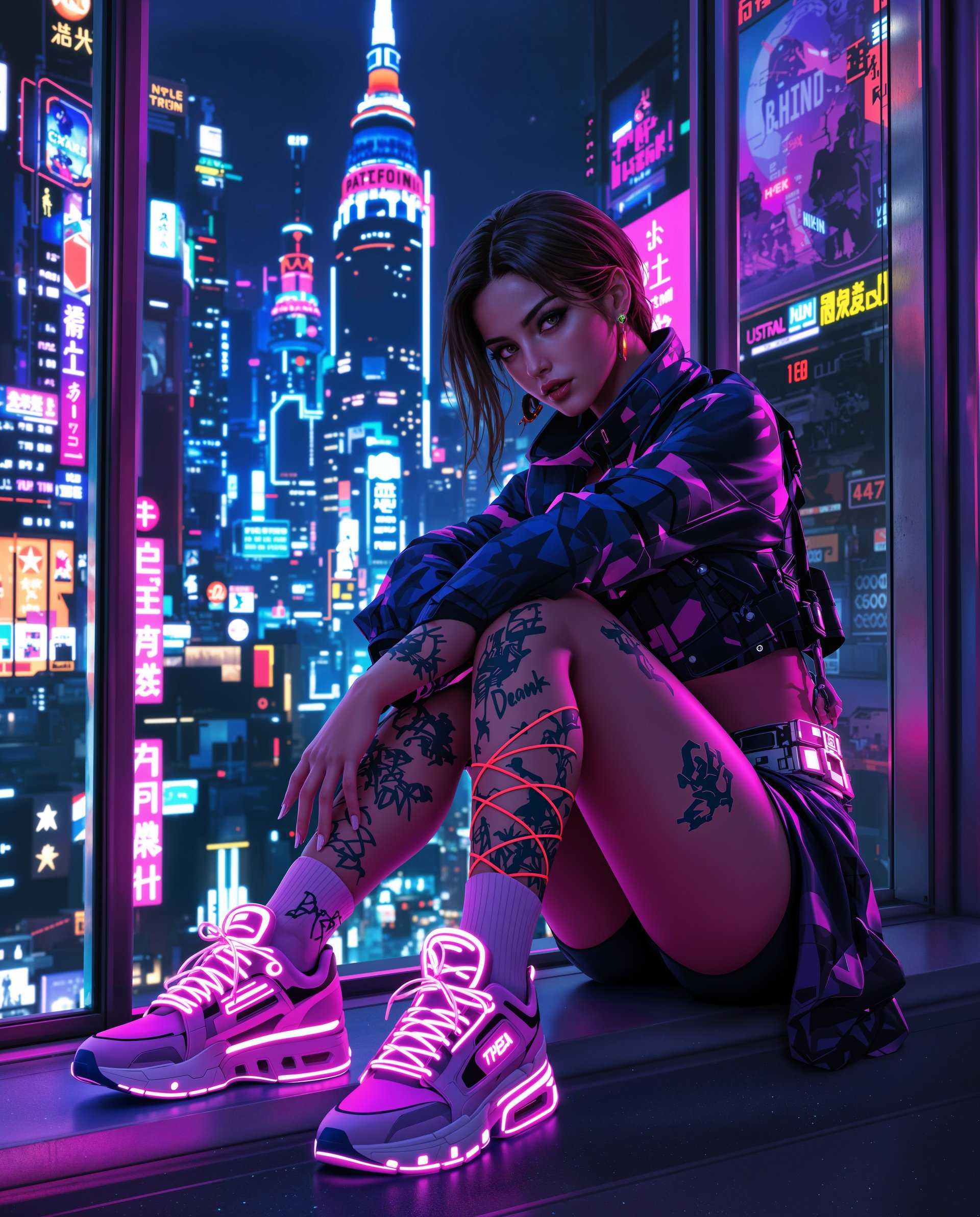 masterpiece, best quality, highres, sharp image, more detail <lora:more_details:0.5> <lora:SDXLrender_v2.0:1>, masterpiece, best quality, highres, sharp image, more detail, This image is a realistic photo (photograph) of a female real person digital artwork that captures a cyberpunk aesthetic, characterized by its futuristic, neonlit cityscape and the sleek, hightech attire of the central figure. The art style is realism .The medium appears to be digital painting, given the smooth gradients and seamless blending of colors. The image is rich in detail and texture, with a high level of realism in the rendering of the figures skin and clothing.Colors are vibrant and saturated, with a predominance of purples, blues, and pinks, which are highlighted by neon accents. The city behind the figure is awash with neon signs and lights, creating a sense of energy and nightlife. The figures outfit is also a kaleidoscope of colors, with a mix of purples, blues, and blacks, punctuated by bright pink and neon accents on the shoes and accessories.Objects in the image include the figures futuristic hightech sneakers with glowing pink laces, a tattooed leg, a glimpse of a futuristic cityscape with towering skyscrapers and neon signs, and a glimpse of a window frame and urban environment. The figure is seated on what appears to be a ledge or platform, with a sense of depth and perspective created by the positioning of the figure and the objects around her.