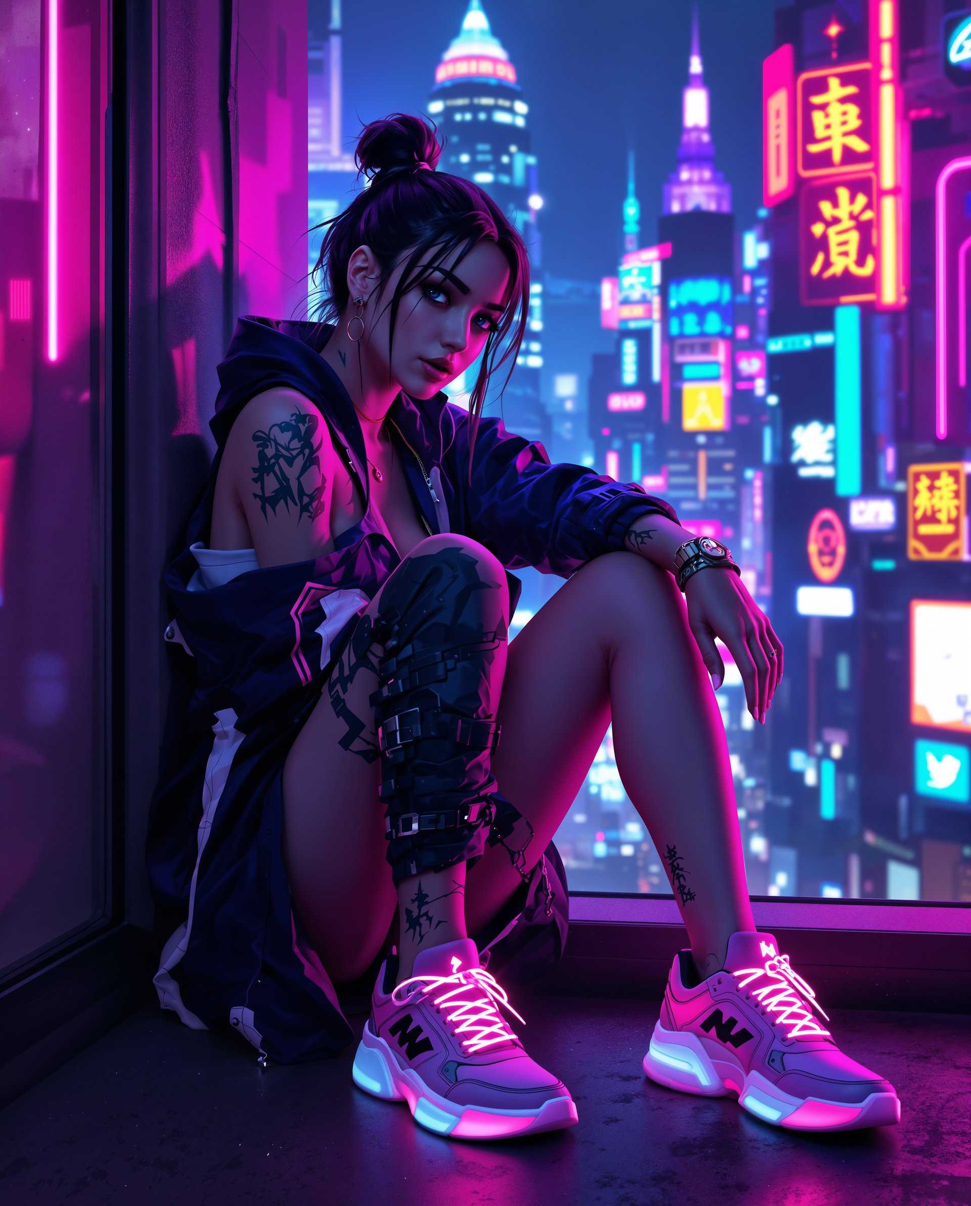 masterpiece, best quality, highres, sharp image, more detail <lora:more_details:0.5> <lora:SDXLrender_v2.0:1>, masterpiece, best quality, highres, sharp image, more detail, This image is a realistic photo (photograph) of a female real person digital artwork that captures a cyberpunk aesthetic, characterized by its futuristic, neonlit cityscape and the sleek, hightech attire of the central figure. The art style is realism .The medium appears to be digital painting, given the smooth gradients and seamless blending of colors. The image is rich in detail and texture, with a high level of realism in the rendering of the figures skin and clothing.Colors are vibrant and saturated, with a predominance of purples, blues, and pinks, which are highlighted by neon accents. The city behind the figure is awash with neon signs and lights, creating a sense of energy and nightlife. The figures outfit is also a kaleidoscope of colors, with a mix of purples, blues, and blacks, punctuated by bright pink and neon accents on the shoes and accessories.Objects in the image include the figures futuristic hightech sneakers with glowing pink laces, a tattooed leg, a glimpse of a futuristic cityscape with towering skyscrapers and neon signs, and a glimpse of a window frame and urban environment. The figure is seated on what appears to be a ledge or platform, with a sense of depth and perspective created by the positioning of the figure and the objects around her.