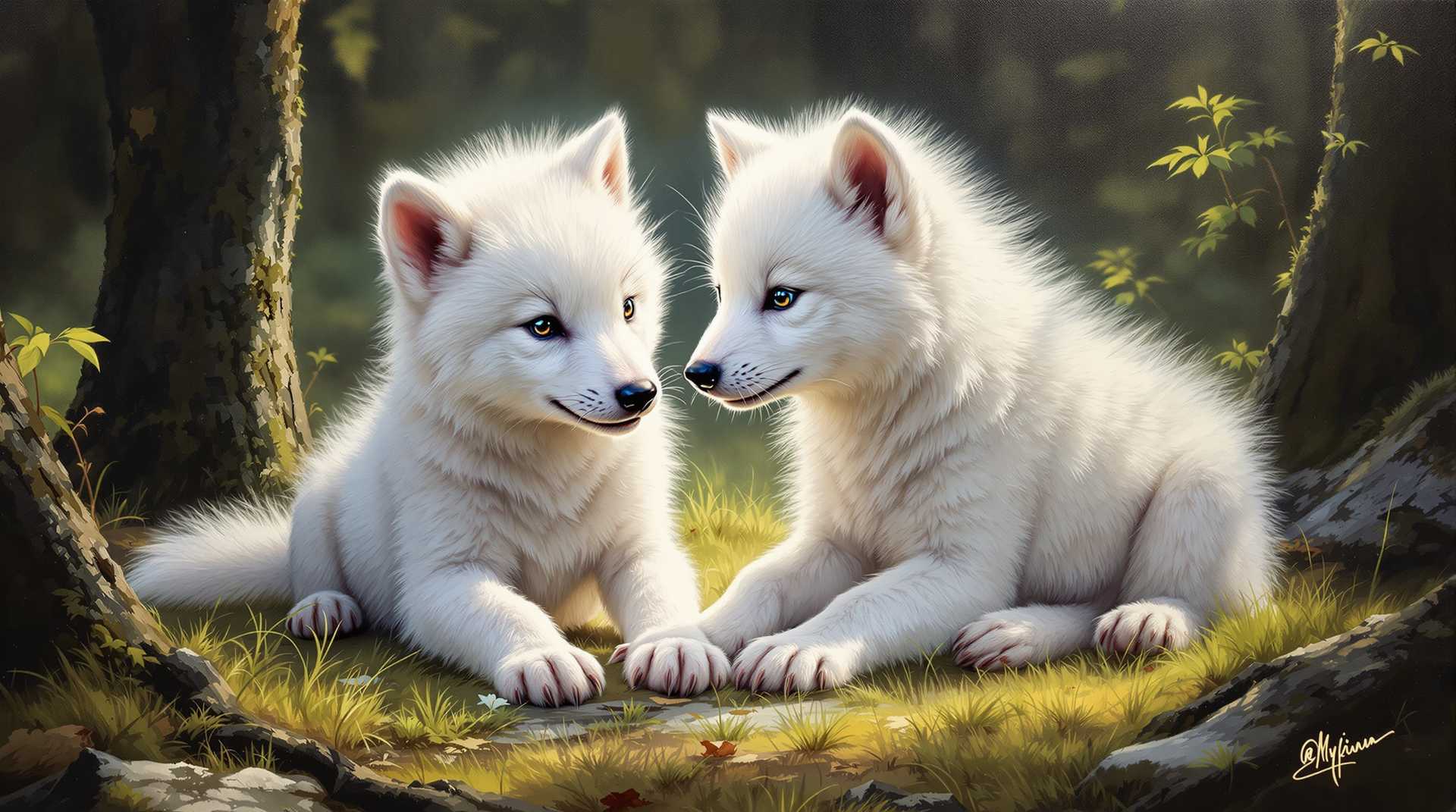 They brought back baby dire wolves after being extinct for 10,000 years.  
airbrushed oil painting of 2 white baby dire wolf cubs playing in the forest
