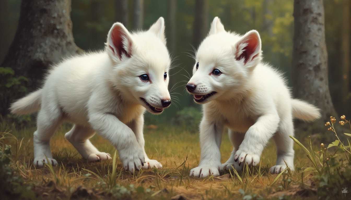 They brought back baby dire wolves after being extinct for 10,000 years.  
airbrushed oil painting of 2 white baby dire wolf cubs playing in the forest
