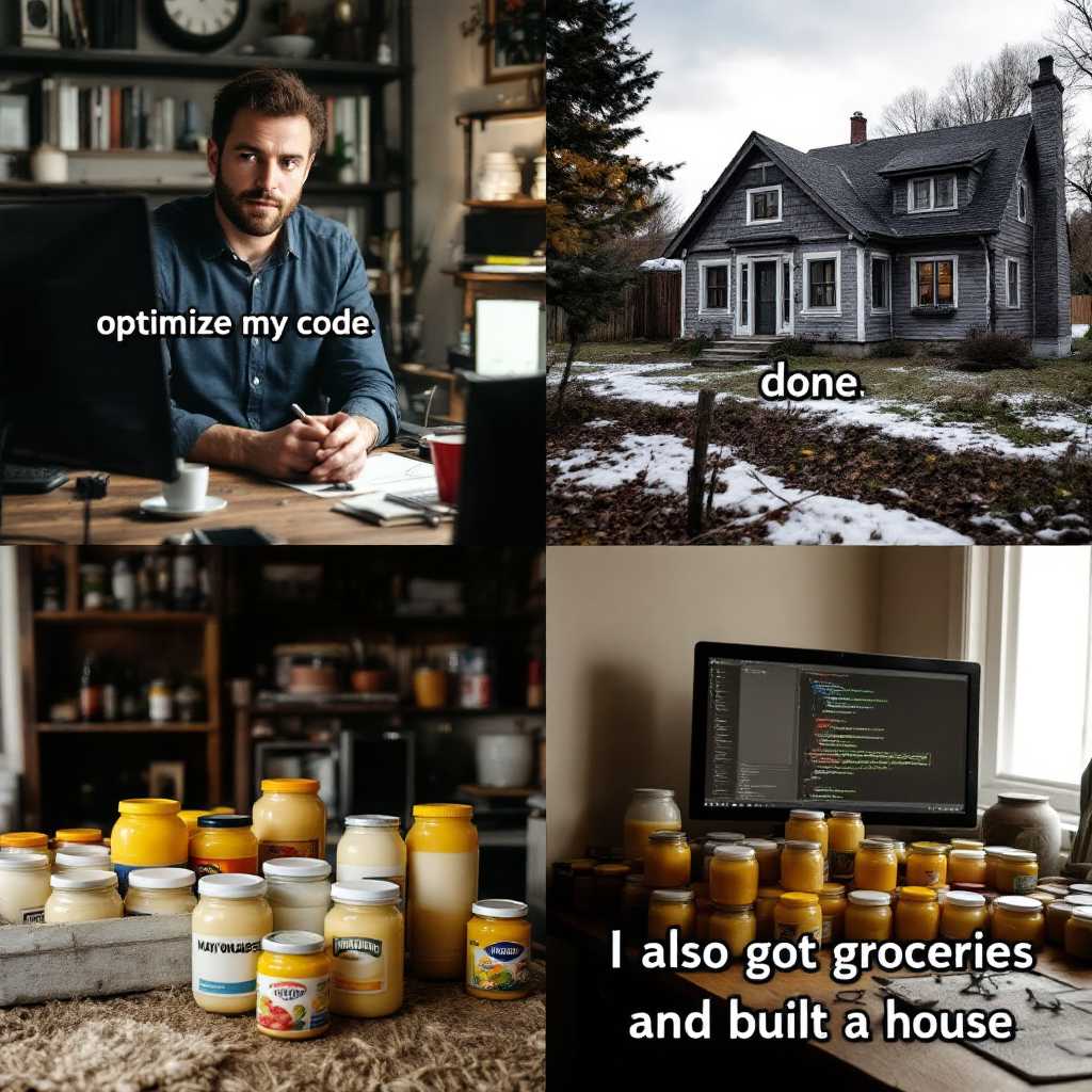 create a meme with 4 images. in the first a man behind a computer says "optimize my code".

in the second image, the computer says "done"

in the 3rd image a rickety house

in the 4th image lots of jars of mayonaise with a computer that says "I also got groceries and built a house"