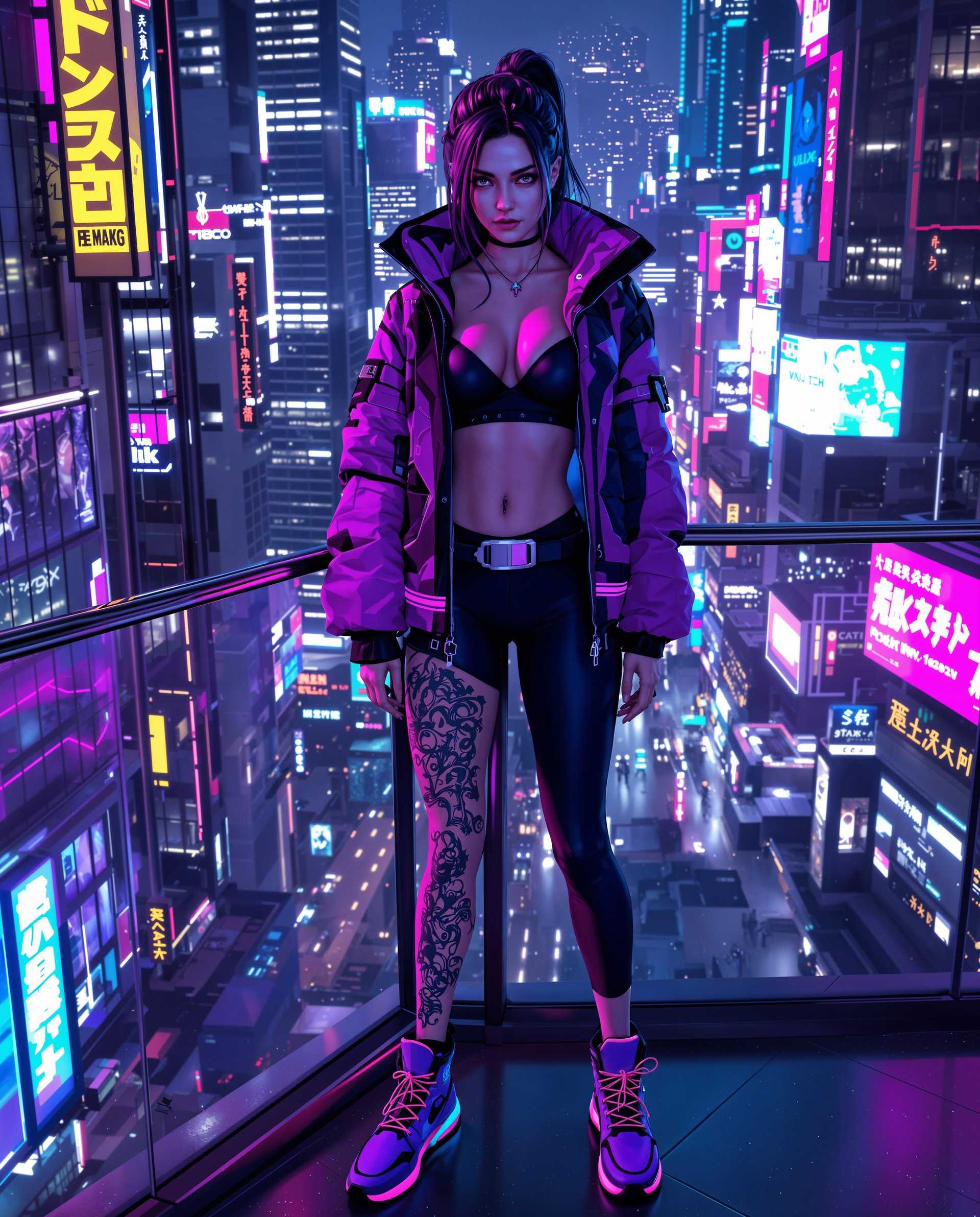 masterpiece, best quality, highres, sharp image, more detail <lora:more_details:0.5> <lora:SDXLrender_v2.0:1>, masterpiece, best quality, highres, sharp image, more detail, This image is a realistic photo (photograph) of a female real person digital artwork that captures a cyberpunk aesthetic, characterized by its futuristic and neonlit urban backdrop, and the sleek, hightech clothing and accessories of the central figure. The art style is reminiscent of science fiction illustrations, with a focus on detailed textures and a cinematic quality.The medium appears to be digital painting, given the smooth gradients and the seamless blending of colors. The use of lighting and shadow is expertly handled, creating a sense of depth and dimensionality that brings the scene to life.The colors are vibrant and saturated, with a predominance of purples, blues, and pinks, which are highlighted by neon accents. These colors evoke a sense of energy and nightlife, typical of cyberpunk settings. The contrast between the cool purples and blues of the figures clothing and the warmer tones of the cityscape adds to the visual impact of the image.The objects in the image are numerous and contribute to the overall cyberpunk atmosphere. The figure is wearing a futuristic jacket with a high collar and a pattern that suggests a mix of organic and mechanical elements. The jacket is layered over a black sports bra and a pair of formfitting leggings, which are secured with a black belt with a metallic buckle. The figures left leg is adorned with a detailed tattoo that wraps around the calf, featuring intricate designs and a sense of movement.On the figures feet, there are hightop sneakers with a sleek design, predominantly in shades of purple and black, with neon pink laces and highlights that glow in the dark, suggesting advanced technology. The sneakers have a futuristic aesthetic with angular lines and a metallic sheen.The setting is a nighttime cityscape filled with neon signs and illuminated billboards, creating a sense of endless energy and activity. The buildings are tall and densely packed, with windows reflecting the vibrant lights of the city. The perspective is from a high vantage point, likely a skyscraper, given the view of the citys layout and the glimpse of the night sky through the windows.Overall, the image is a rich tapestry of cyberpunk elements, from the fashion to the urban environment, all brought to life with expert digital painting techniques.