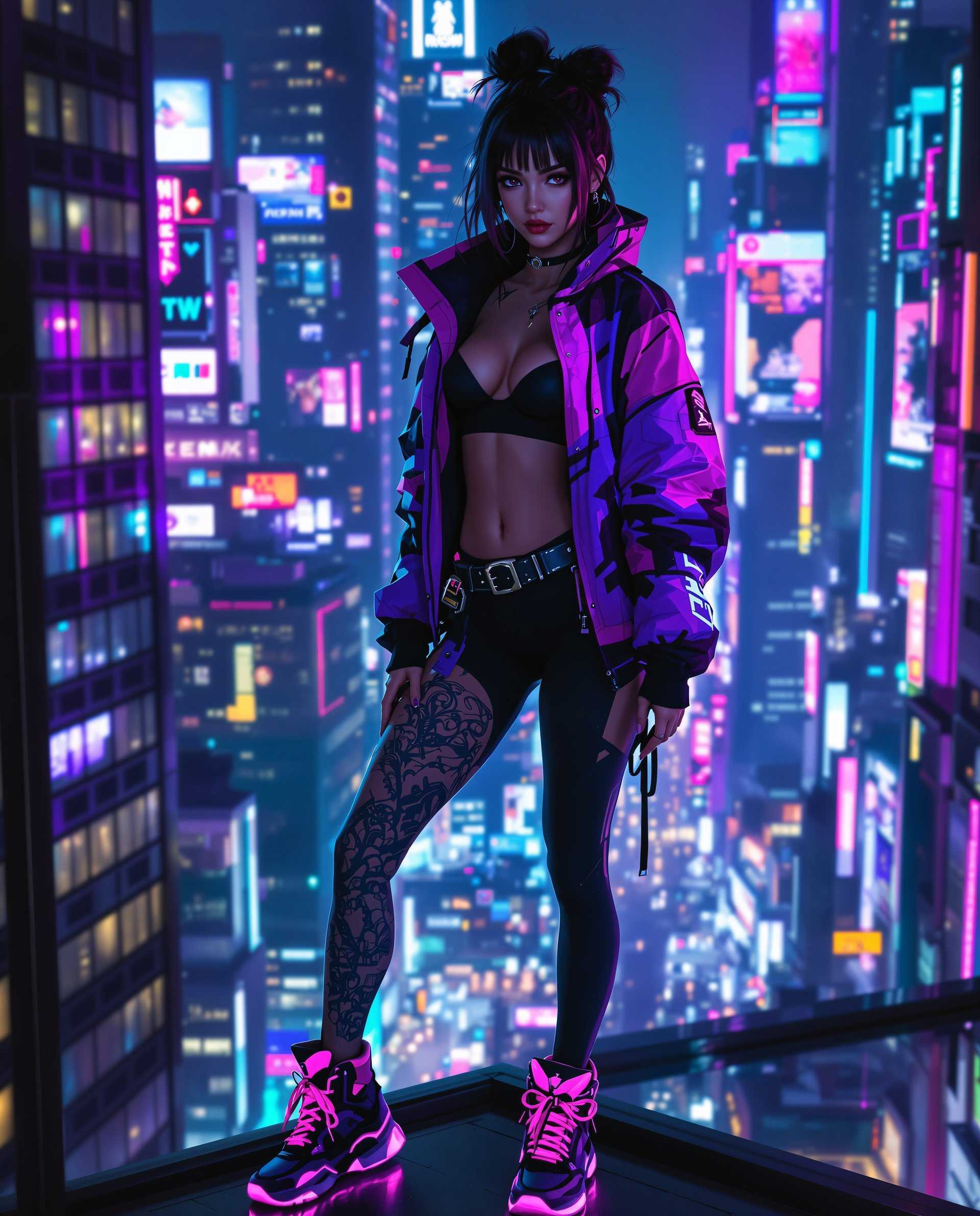 masterpiece, best quality, highres, sharp image, more detail <lora:more_details:0.5> <lora:SDXLrender_v2.0:1>, This image is a realistic photo (photograph) of a female real person digital artwork that captures a cyberpunk aesthetic, characterized by its futuristic and neonlit urban backdrop, and the sleek, hightech clothing and accessories of the central figure. The art style is reminiscent of science fiction illustrations, with a focus on detailed textures and a cinematic quality.The medium appears to be digital painting, given the smooth gradients and the seamless blending of colors. The use of lighting and shadow is expertly handled, creating a sense of depth and dimensionality that brings the scene to life.The colors are vibrant and saturated, with a predominance of purples, blues, and pinks, which are highlighted by neon accents. These colors evoke a sense of energy and nightlife, typical of cyberpunk settings. The contrast between the cool purples and blues of the figures clothing and the warmer tones of the cityscape adds to the visual impact of the image.The objects in the image are numerous and contribute to the overall cyberpunk atmosphere. The figure is wearing a futuristic jacket with a high collar and a pattern that suggests a mix of organic and mechanical elements. The jacket is layered over a black sports bra and a pair of formfitting leggings, which are secured with a black belt with a metallic buckle. The figures left leg is adorned with a detailed tattoo that wraps around the calf, featuring intricate designs and a sense of movement.On the figures feet, there are hightop sneakers with a sleek design, predominantly in shades of purple and black, with neon pink laces and highlights that glow in the dark, suggesting advanced technology. The sneakers have a futuristic aesthetic with angular lines and a metallic sheen.The setting is a nighttime cityscape filled with neon signs and illuminated billboards, creating a sense of endless energy and activity. The buildings are tall and densely packed, with windows reflecting the vibrant lights of the city. The perspective is from a high vantage point, likely a skyscraper, given the view of the citys layout and the glimpse of the night sky through the windows.Overall, the image is a rich tapestry of cyberpunk elements, from the fashion to the urban environment, all brought to life with expert digital painting techniques.