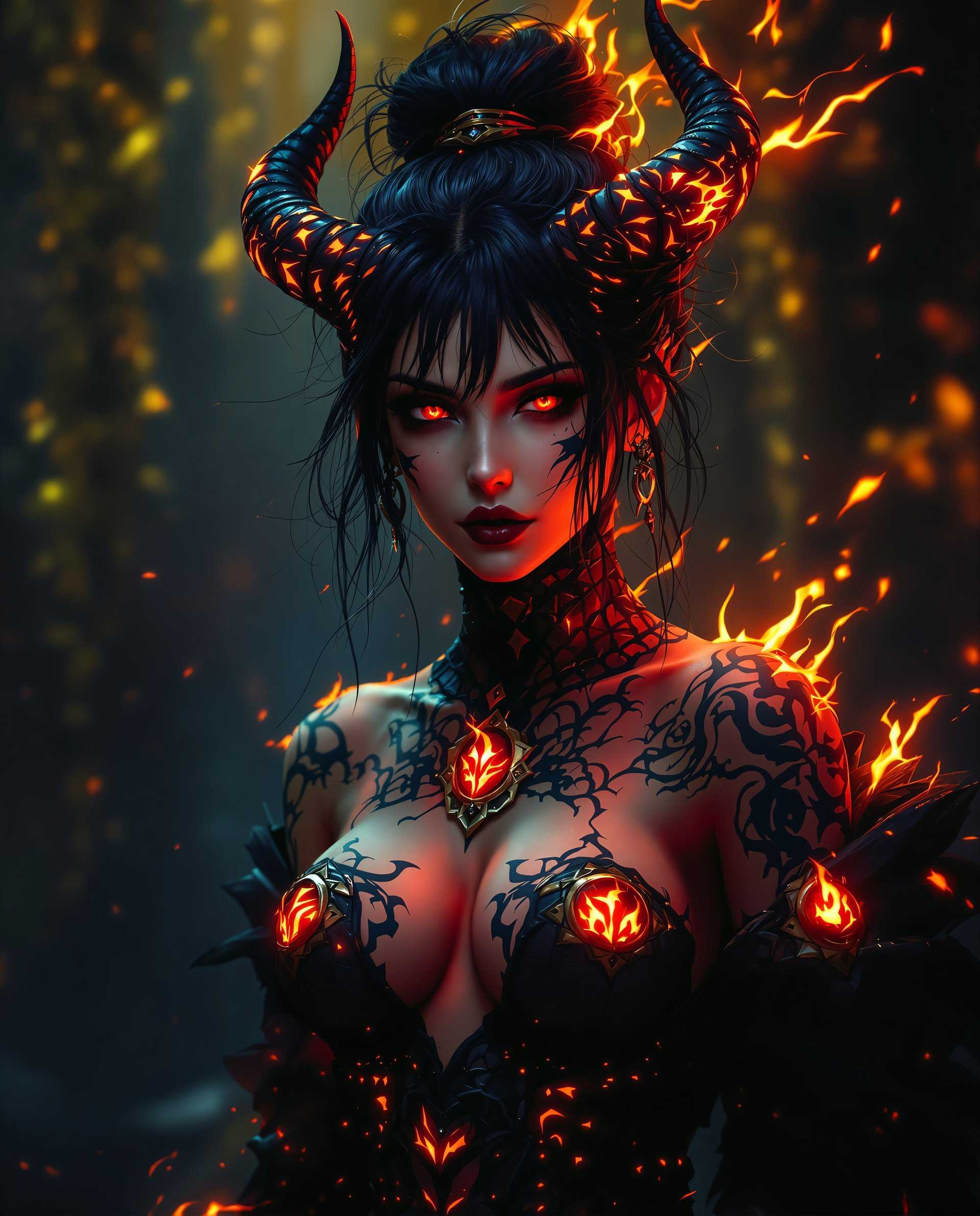 masterpiece, best quality, highres, sharp image, more detail <lora:more_details:0.5> <lora:SDXLrender_v2.0:1>, This image is a realistic photo (photograph) of a female real person digital artwork that features a character with a realistic aesthetic. The art style is highly stylized and appears to be a blend of realism and fantasy, with a focus on detailed textures and lighting that give the image a threedimensional quality.The medium is digital painting, as evidenced by the smooth gradients and seamless blending of colors. The use of lighting and shadow is particularly impressive, with a strong emphasis on contrast and highlights that bring the character to life.The colors in the image are rich and varied, with a dominant palette of blues and blacks that give the artwork a moody and atmospheric feel. There are also vibrant accents of red and orange, which stand out against the cooler tones and add a sense of warmth and energy to the composition.The objects in the image are primarily focused on the characters attire and accessories. The character is wearing a detailed costume with intricate patterns and textures, including scales and feathers, which are highlighted by the lighting. The costume also features glowing elements, such as crystals and luminescent accents, that add to the realism feel of the artwork.The characters hair is styled in a messy bun with loose strands framing the face, and there are hornlike protrusions on the headpiece that suggest a demonic or mythical creature. The characters skin is adorned with tattoos or markings that resemble flames and other fiery motifs, which are illuminated by the surrounding light, creating a dynamic interplay of shadow and light across the body.Overall, the image is a visually striking and immersive piece of digital art that captures the viewers attention with its detailed craftsmanship, atmospheric color scheme, and evocative subject matter.