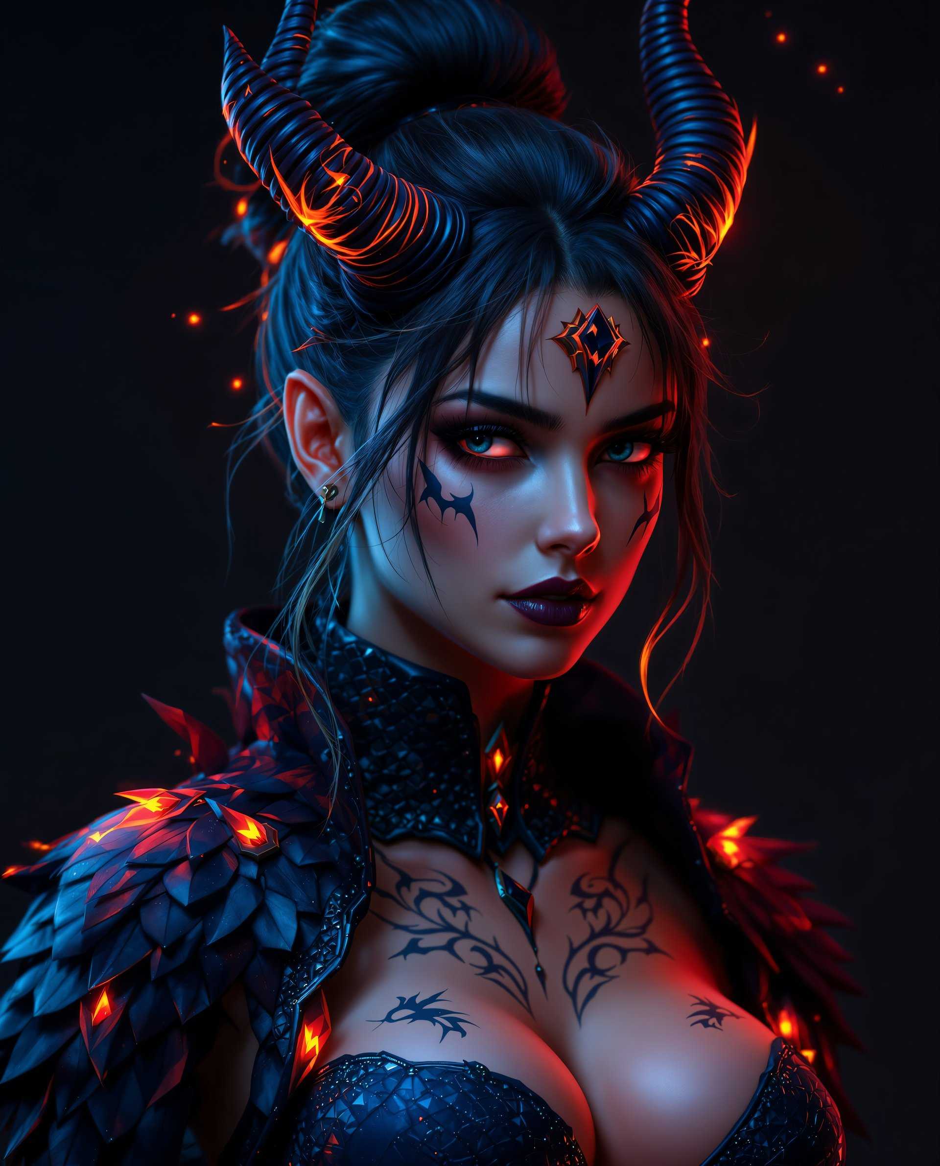 masterpiece, best quality, highres, sharp image, more detail <lora:more_details:0.5> <lora:SDXLrender_v2.0:1>, This image is a realistic photo (photograph) of a female real person digital artwork that features a character with a realistic aesthetic. The art style is highly stylized and appears to be a blend of realism and fantasy, with a focus on detailed textures and lighting that give the image a threedimensional quality.The medium is digital painting, as evidenced by the smooth gradients and seamless blending of colors. The use of lighting and shadow is particularly impressive, with a strong emphasis on contrast and highlights that bring the character to life.The colors in the image are rich and varied, with a dominant palette of blues and blacks that give the artwork a moody and atmospheric feel. There are also vibrant accents of red and orange, which stand out against the cooler tones and add a sense of warmth and energy to the composition.The objects in the image are primarily focused on the characters attire and accessories. The character is wearing a detailed costume with intricate patterns and textures, including scales and feathers, which are highlighted by the lighting. The costume also features glowing elements, such as crystals and luminescent accents, that add to the realism feel of the artwork.The characters hair is styled in a messy bun with loose strands framing the face, and there are hornlike protrusions on the headpiece that suggest a demonic or mythical creature. The characters skin is adorned with tattoos or markings that resemble flames and other fiery motifs, which are illuminated by the surrounding light, creating a dynamic interplay of shadow and light across the body.Overall, the image is a visually striking and immersive piece of digital art that captures the viewers attention with its detailed craftsmanship, atmospheric color scheme, and evocative subject matter.