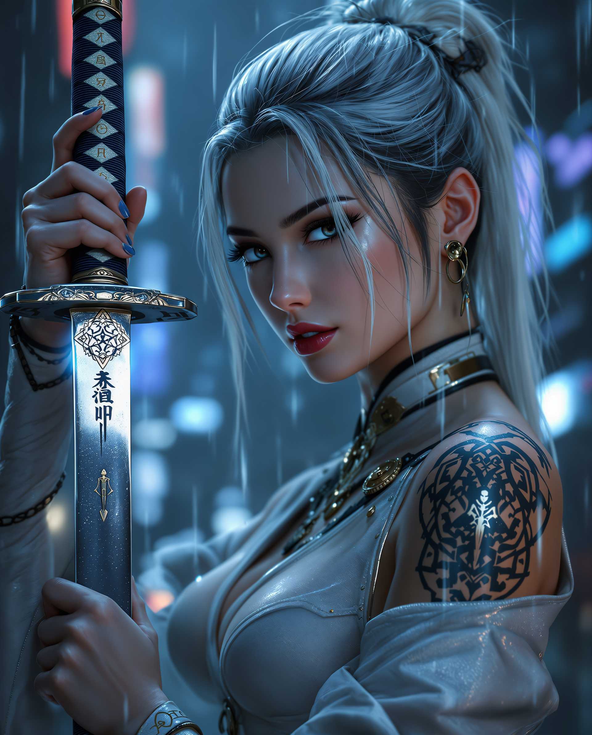 Cyberpunk Warrior in the Rain