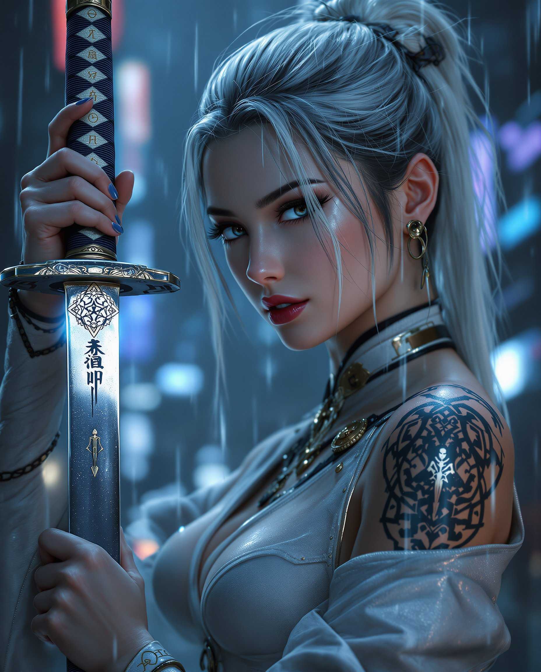masterpiece, best quality, highres, sharp image, more detail <lora:more_details:0.5> <lora:SDXLrender_v2.0:1>, This image is a realistic photo (photograph) of a female real person digital artwork that presents a closeup view of a character that appears to be a warrior or samurai, given the traditional Japanese sword katana held at the ready. The art style is highly detailed and realistic, with a focus on textures and lighting that give the image a threedimensional quality. The medium is digital painting, as evidenced by the smooth blending of colors and the lack of brush strokes, which are common in traditional painting mediums. The use of lighting and shadow is expertly executed, creating a dramatic and moody atmosphere.The colors in the image are predominantly cool tones, with shades of blue and grey dominating the palette. This gives the artwork a cyberpunk or dystopian feel, enhanced by the rain that cascades down, reflecting the neon lights and urban environment in the background. The characters hair and clothing have highlights of white and silver, which stand out against the darker background, adding to the overall sense of depth and realism.Objects in the image include the katana, which is the central focus and a symbol of the characters readiness for battle. The katanas hilt is ornately decorated with intricate patterns and symbols, suggesting a high level of craftsmanship. The characters attire is also detailed, with a mix of armor and fabric, and there are various badges and patches that signify rank or allegiance. The tattoo on the characters shoulder is a complex design, possibly a clan crest or a personal symbol, adding to the characters backstory and identity.Overall, the image is a powerful and evocative piece of digital art that captures the essence of a warrior in a futuristic or dystopian world.