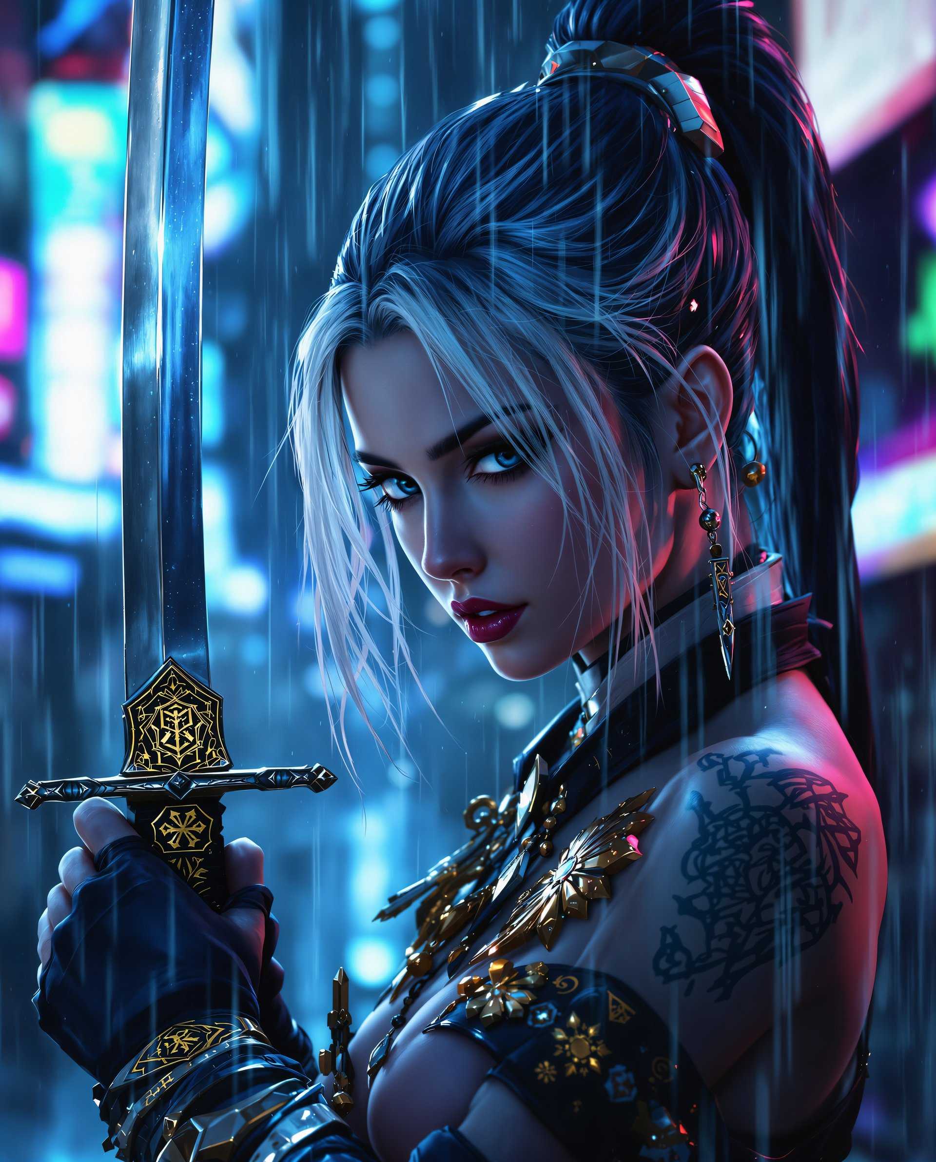 masterpiece, best quality, highres, sharp image, more detail <lora:more_details:0.5> <lora:SDXLrender_v2.0:1>, This image is a realistic photo (photograph) of a female real person digital artwork that presents a closeup view of a character that appears to be a warrior or samurai, given the traditional Japanese sword katana held at the ready. The art style is highly detailed and realistic, with a focus on textures and lighting that give the image a threedimensional quality. The medium is digital painting, as evidenced by the smooth blending of colors and the lack of brush strokes, which are common in traditional painting mediums. The use of lighting and shadow is expertly executed, creating a dramatic and moody atmosphere.The colors in the image are predominantly cool tones, with shades of blue and grey dominating the palette. This gives the artwork a cyberpunk or dystopian feel, enhanced by the rain that cascades down, reflecting the neon lights and urban environment in the background. The characters hair and clothing have highlights of white and silver, which stand out against the darker background, adding to the overall sense of depth and realism.Objects in the image include the katana, which is the central focus and a symbol of the characters readiness for battle. The katanas hilt is ornately decorated with intricate patterns and symbols, suggesting a high level of craftsmanship. The characters attire is also detailed, with a mix of armor and fabric, and there are various badges and patches that signify rank or allegiance. The tattoo on the characters shoulder is a complex design, possibly a clan crest or a personal symbol, adding to the characters backstory and identity.Overall, the image is a powerful and evocative piece of digital art that captures the essence of a warrior in a futuristic or dystopian world.
