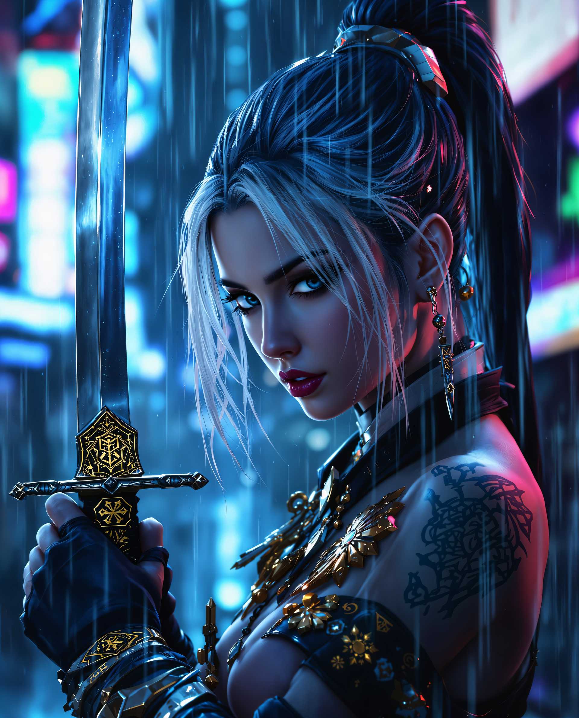 Neon Warrior in the Rain