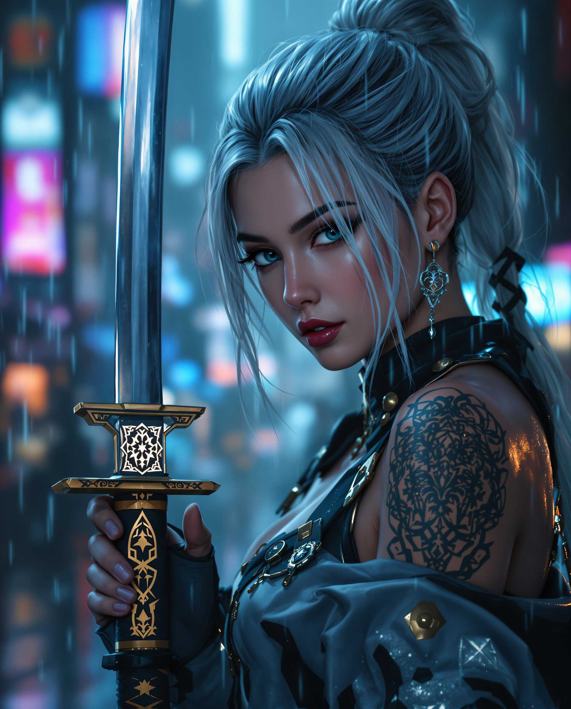 masterpiece, best quality, highres, sharp image, more detail <lora:more_details:0.5> <lora:SDXLrender_v2.0:1>, This image is a realistic photo (photograph) of a female real person digital artwork that presents a closeup view of a character that appears to be a warrior or samurai, given the traditional Japanese sword katana held at the ready. The art style is highly detailed and realistic, with a focus on textures and lighting that give the image a threedimensional quality. The medium is digital painting, as evidenced by the smooth blending of colors and the lack of brush strokes, which are common in traditional painting mediums. The use of lighting and shadow is expertly executed, creating a dramatic and moody atmosphere.The colors in the image are predominantly cool tones, with shades of blue and grey dominating the palette. This gives the artwork a cyberpunk or dystopian feel, enhanced by the rain that cascades down, reflecting the neon lights and urban environment in the background. The characters hair and clothing have highlights of white and silver, which stand out against the darker background, adding to the overall sense of depth and realism.Objects in the image include the katana, which is the central focus and a symbol of the characters readiness for battle. The katanas hilt is ornately decorated with intricate patterns and symbols, suggesting a high level of craftsmanship. The characters attire is also detailed, with a mix of armor and fabric, and there are various badges and patches that signify rank or allegiance. The tattoo on the characters shoulder is a complex design, possibly a clan crest or a personal symbol, adding to the characters backstory and identity.Overall, the image is a powerful and evocative piece of digital art that captures the essence of a warrior in a futuristic or dystopian world.