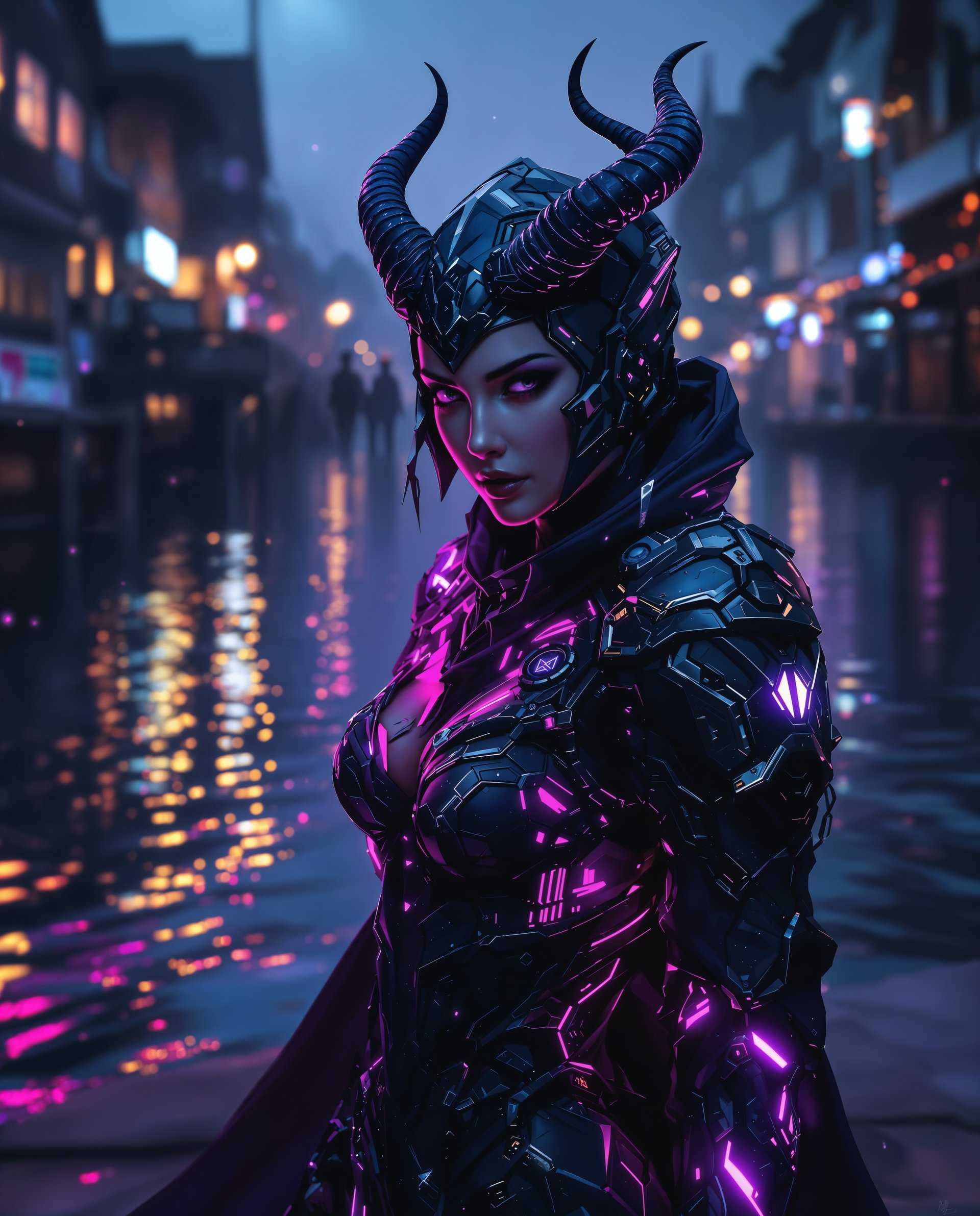 masterpiece, best quality, highres, sharp image, more detail <lora:more_details:0.5> <lora:SDXLrender_v2.0:1>, masterpiece, best quality, highres, sharp image, more detail, This image is a realistic photo (photograph) of a female real person digital artwork that captures a figure in a dynamic and atmospheric setting. The art style is reminiscent of realism or science fiction, with a focus on detailed textures and vibrant colors that create a sense of depth and movement.The medium appears to be a digital painting, utilizing a high level of detail and shading to create a realistic yet stylized representation of the subject. The lighting and shadow play a significant role in the artwork, with a dramatic interplay of light and dark that adds to the overall mood.The colors in the image are rich and varied, with a predominance of purples, blues, and blacks that give the artwork a moody and mysterious feel. The figure is highlighted with neon pink and purple accents that stand out against the darker background, drawing the viewers attention to the subject.The objects in the image include the figure itself, who is adorned in a detailed costume with glowing elements that suggest a magical or technological power. The costume features intricate patterns and textures, with a combination of fabric and metallic elements that catch the light. The figure is also wearing a headpiece with horns, which adds to the realism aesthetic of the character.In the background, there is a body of water reflecting the lights from the surrounding area, which includes buildings and what appears to be a dock or pier. The reflections on the waters surface create a sense of depth and continuity between the foreground and background, drawing the viewers eye through the composition.Overall, the image is a captivating blend of realism and technology, with a strong emphasis on color, texture, and lighting to create a dynamic and immersive visual experience.