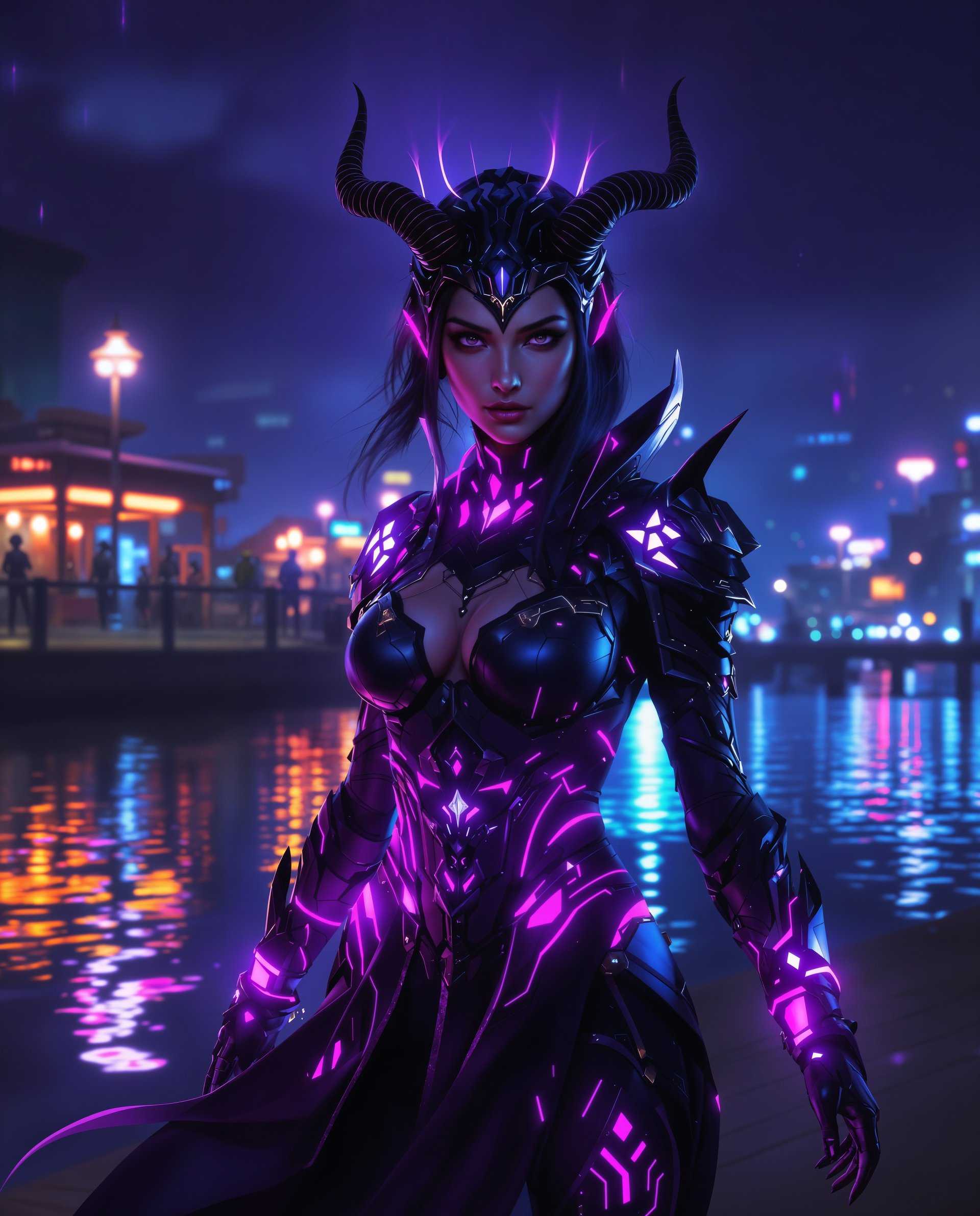 masterpiece, best quality, highres, sharp image, more detail <lora:more_details:0.5> <lora:SDXLrender_v2.0:1>, masterpiece, best quality, highres, sharp image, more detail, This image is a realistic photo (photograph) of a female real person digital artwork that captures a figure in a dynamic and atmospheric setting. The art style is reminiscent of realism or science fiction, with a focus on detailed textures and vibrant colors that create a sense of depth and movement.The medium appears to be a digital painting, utilizing a high level of detail and shading to create a realistic yet stylized representation of the subject. The lighting and shadow play a significant role in the artwork, with a dramatic interplay of light and dark that adds to the overall mood.The colors in the image are rich and varied, with a predominance of purples, blues, and blacks that give the artwork a moody and mysterious feel. The figure is highlighted with neon pink and purple accents that stand out against the darker background, drawing the viewers attention to the subject.The objects in the image include the figure itself, who is adorned in a detailed costume with glowing elements that suggest a magical or technological power. The costume features intricate patterns and textures, with a combination of fabric and metallic elements that catch the light. The figure is also wearing a headpiece with horns, which adds to the realism aesthetic of the character.In the background, there is a body of water reflecting the lights from the surrounding area, which includes buildings and what appears to be a dock or pier. The reflections on the waters surface create a sense of depth and continuity between the foreground and background, drawing the viewers eye through the composition.Overall, the image is a captivating blend of realism and technology, with a strong emphasis on color, texture, and lighting to create a dynamic and immersive visual experience.
