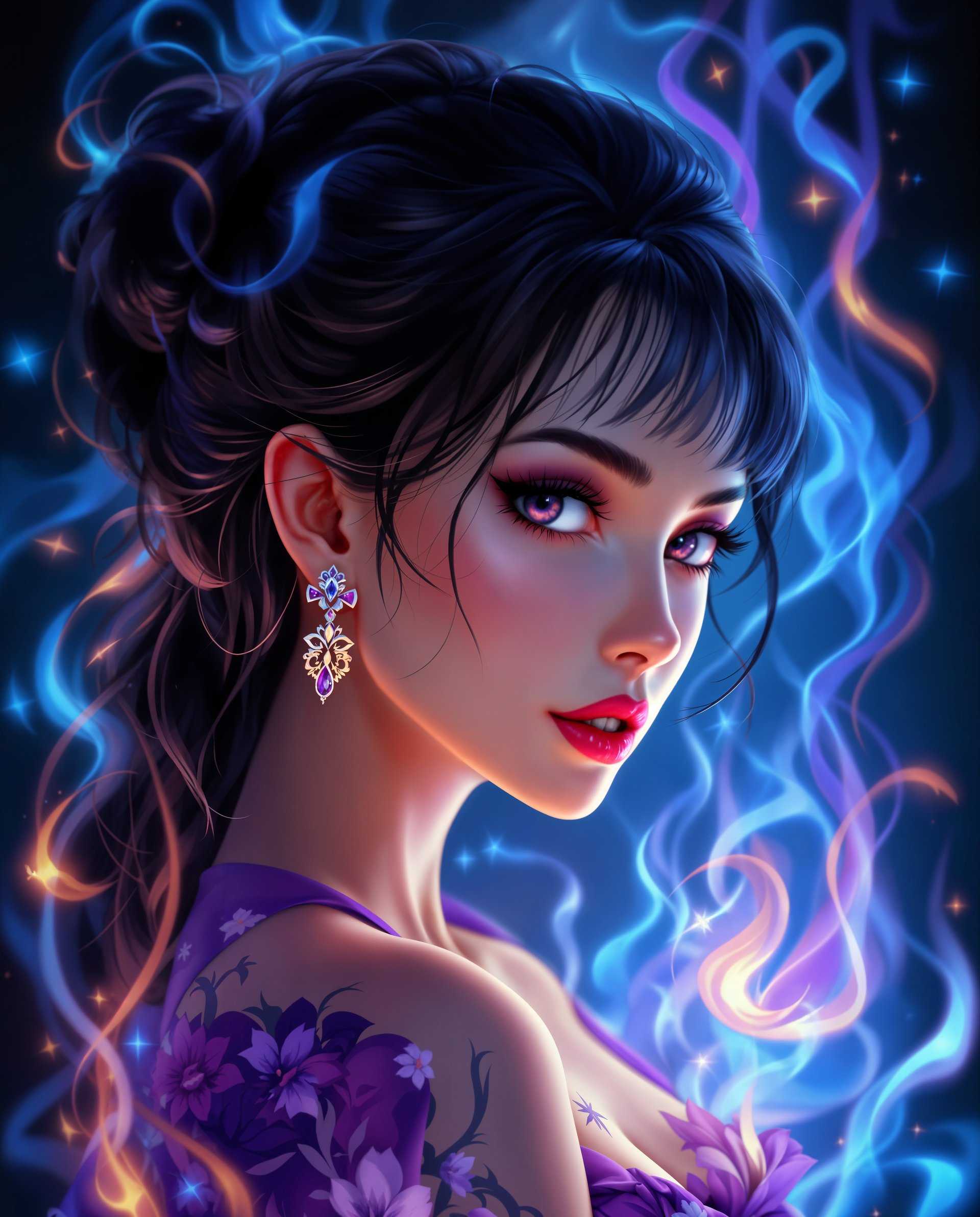 masterpiece, best quality, highres, sharp image, more detail <lora:more_details:0.5> <lora:SDXLrender_v2.0:1>, masterpiece, best quality, highres, sharp image, more detail, This is a realistic photo (photograph) of a female real person image that appears to be digitally created, showcasing a character that is stylized with a blend of realism and fantasy elements. The art style is reminiscent of realism, with a focus on detailed line work and shading that gives the character a three dimensional form.The medium seems to be a digital painting, as evidenced by the smooth blending of colors and the lack of texture that might be present in a traditional painting medium. The use of lighting and shadow is particularly well executed, creating a sense of depth and dimension in the characters form.The colors in the image are predominantly cool tones, with shades of blue and purple dominating the palette. These colors are complemented by warmer tones in the characters skin and clothing, which adds contrast and highlights the figure against the cool background. The use of color gradients and highlights on the characters hair and clothing gives the image a dynamic and almost ethereal quality.There are several objects in the image that contribute to the overall aesthetic. The character is wearing a purple garment with a floral pattern, which adds texture and a touch of femininity to the image. The earrings are a standout feature, with a design that is both ornate and modern. The tattoo on the characters shoulder is a simple, yet striking, design that stands out against the skin.The background of the image is filled with swirling patterns and shapes that resemble flames or smoke, in shades of blue and purple. These elements add to the mystical and otherworldly atmosphere of the image, and they seem to emanate from the character, suggesting a connection between the figure and the surrounding energy.Overall, the image is a visually striking piece that combines elements of fantasy and modern art, with a focus on color, light, and form.