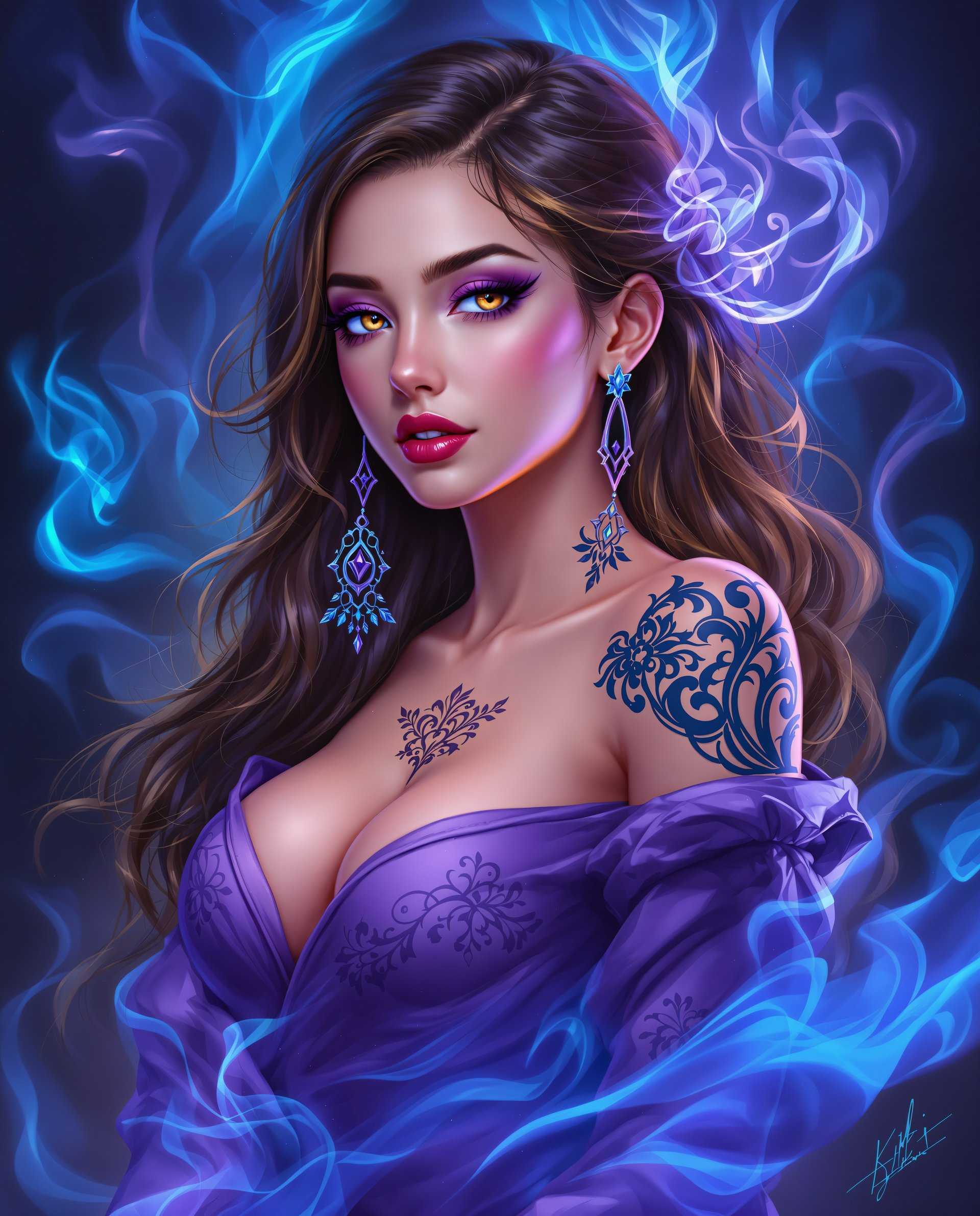 masterpiece, best quality, highres, sharp image, more detail <lora:more_details:0.5> <lora:SDXLrender_v2.0:1>, This is a realistic photo (photograph) of a female real person image that appears to be digitally created, showcasing a character that is stylized with a blend of realism and fantasy elements. The art style is reminiscent of realism, with a focus on detailed line work and shading that gives the character a three dimensional form.The medium seems to be a digital painting, as evidenced by the smooth blending of colors and the lack of texture that might be present in a traditional painting medium. The use of lighting and shadow is particularly well executed, creating a sense of depth and dimension in the characters form.The colors in the image are predominantly cool tones, with shades of blue and purple dominating the palette. These colors are complemented by warmer tones in the characters skin and clothing, which adds contrast and highlights the figure against the cool background. The use of color gradients and highlights on the characters hair and clothing gives the image a dynamic and almost ethereal quality.There are several objects in the image that contribute to the overall aesthetic. The character is wearing a purple garment with a floral pattern, which adds texture and a touch of femininity to the image. The earrings are a standout feature, with a design that is both ornate and modern. The tattoo on the characters shoulder is a simple, yet striking, design that stands out against the skin.The background of the image is filled with swirling patterns and shapes that resemble flames or smoke, in shades of blue and purple. These elements add to the mystical and otherworldly atmosphere of the image, and they seem to emanate from the character, suggesting a connection between the figure and the surrounding energy.Overall, the image is a visually striking piece that combines elements of fantasy and modern art, with a focus on color, light, and form.