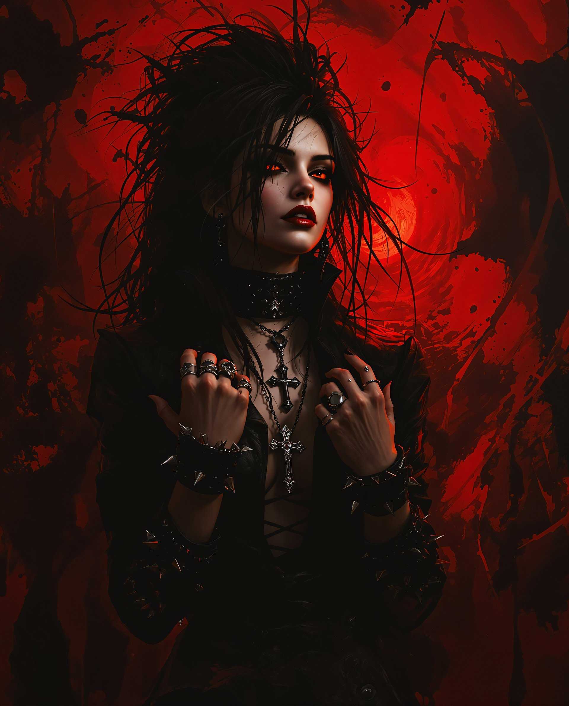 masterpiece, best quality, highres, sharp image, more detail <lora:more_details:0.5> <lora:SDXLrender_v2.0:1>, This is a realistic photo (photograph) of a female real person digital artwork that features a figure with a gothic and edgy aesthetic. The art style is highly detailed and realistic, with a focus on textures and lighting that give the image a threedimensional quality.The medium appears to be a digital painting, as evidenced by the smooth blending of colors and the lack of brush strokes. The use of lighting and shadow is expertly executed, with a warm red and orange color palette that sets a dramatic and intense mood.The figure in the image is wearing a black leather jacket with a high collar and shoulder pads, giving it a tough and rebellious appearance. The jacket is adorned with various metal accessories, including spiked bracelets, rings, and a necklace with a cross pendant. The figures hair is long and dark, with strands sticking out in different directions, adding to the chaotic and wild aesthetic.The background behind the figure is a chaotic swirl of red and black, reminiscent of a melting or splattered substance. This adds to the overall sense of danger and intensity in the image.Overall, this is a striking and visually compelling piece of digital art that captures the essence of gothic and edgy fashion in a highly detailed and realistic style.