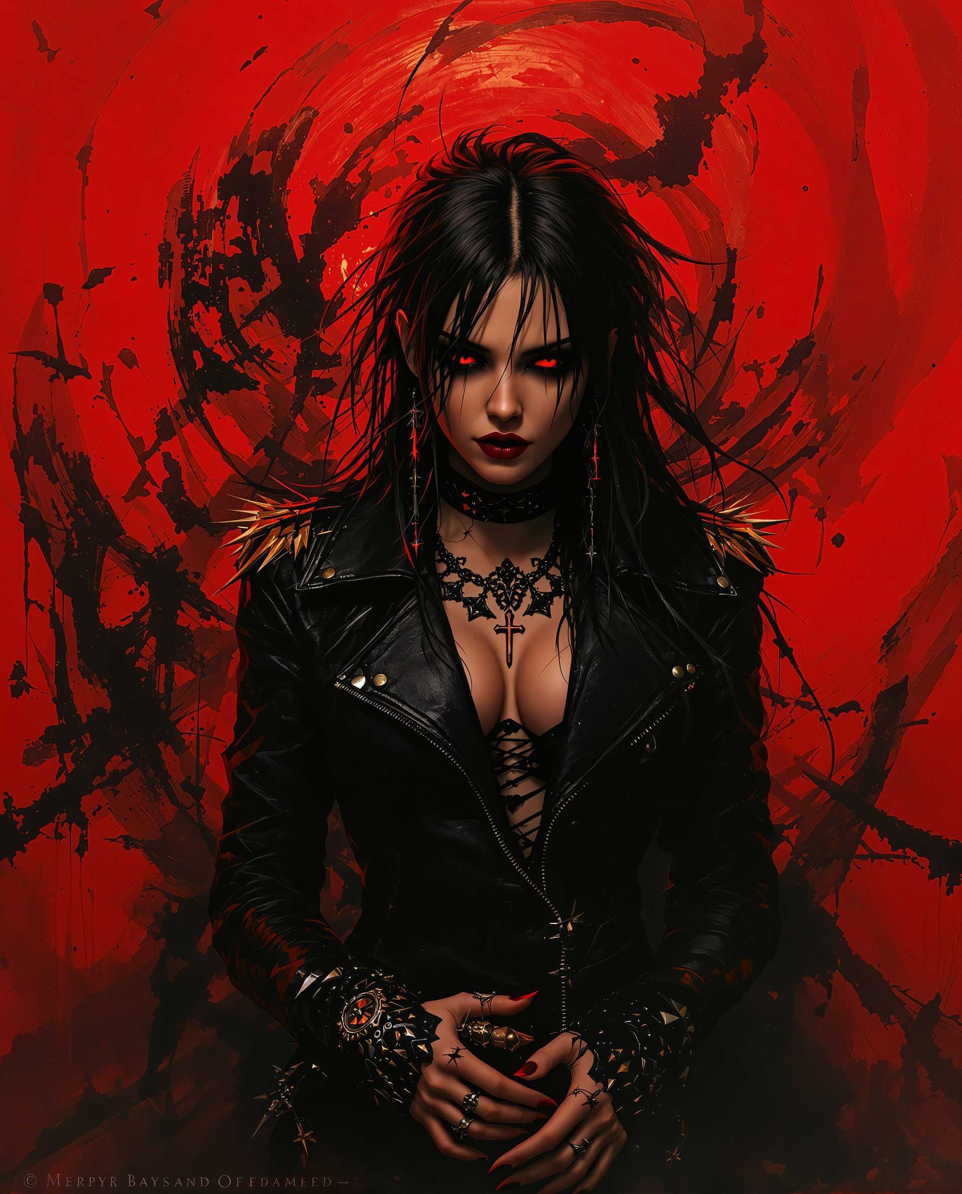 masterpiece, best quality, highres, sharp image, more detail <lora:more_details:0.5> <lora:SDXLrender_v2.0:1>, This is a realistic photo (photograph) of a female real person digital artwork that features a figure with a gothic and edgy aesthetic. The art style is highly detailed and realistic, with a focus on textures and lighting that give the image a threedimensional quality.The medium appears to be a digital painting, as evidenced by the smooth blending of colors and the lack of brush strokes. The use of lighting and shadow is expertly executed, with a warm red and orange color palette that sets a dramatic and intense mood.The figure in the image is wearing a black leather jacket with a high collar and shoulder pads, giving it a tough and rebellious appearance. The jacket is adorned with various metal accessories, including spiked bracelets, rings, and a necklace with a cross pendant. The figures hair is long and dark, with strands sticking out in different directions, adding to the chaotic and wild aesthetic.The background behind the figure is a chaotic swirl of red and black, reminiscent of a melting or splattered substance. This adds to the overall sense of danger and intensity in the image.Overall, this is a striking and visually compelling piece of digital art that captures the essence of gothic and edgy fashion in a highly detailed and realistic style.