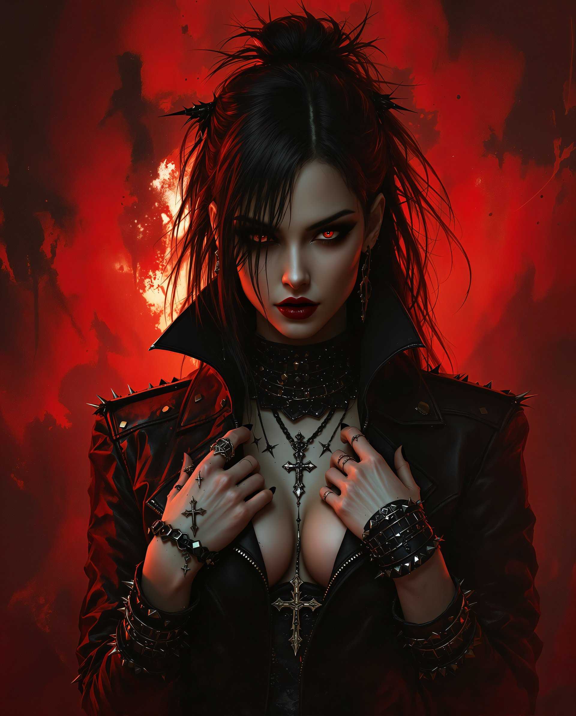 masterpiece, best quality, highres, sharp image, more detail <lora:more_details:0.5> <lora:SDXLrender_v2.0:1>, This is a realistic photo (photograph) of a female real person digital artwork that features a figure with a gothic and edgy aesthetic. The art style is highly detailed and realistic, with a focus on textures and lighting that give the image a threedimensional quality.The medium appears to be a digital painting, as evidenced by the smooth blending of colors and the lack of brush strokes. The use of lighting and shadow is expertly executed, with a warm red and orange color palette that sets a dramatic and intense mood.The figure in the image is wearing a black leather jacket with a high collar and shoulder pads, giving it a tough and rebellious appearance. The jacket is adorned with various metal accessories, including spiked bracelets, rings, and a necklace with a cross pendant. The figures hair is long and dark, with strands sticking out in different directions, adding to the chaotic and wild aesthetic.The background behind the figure is a chaotic swirl of red and black, reminiscent of a melting or splattered substance. This adds to the overall sense of danger and intensity in the image.Overall, this is a striking and visually compelling piece of digital art that captures the essence of gothic and edgy fashion in a highly detailed and realistic style.