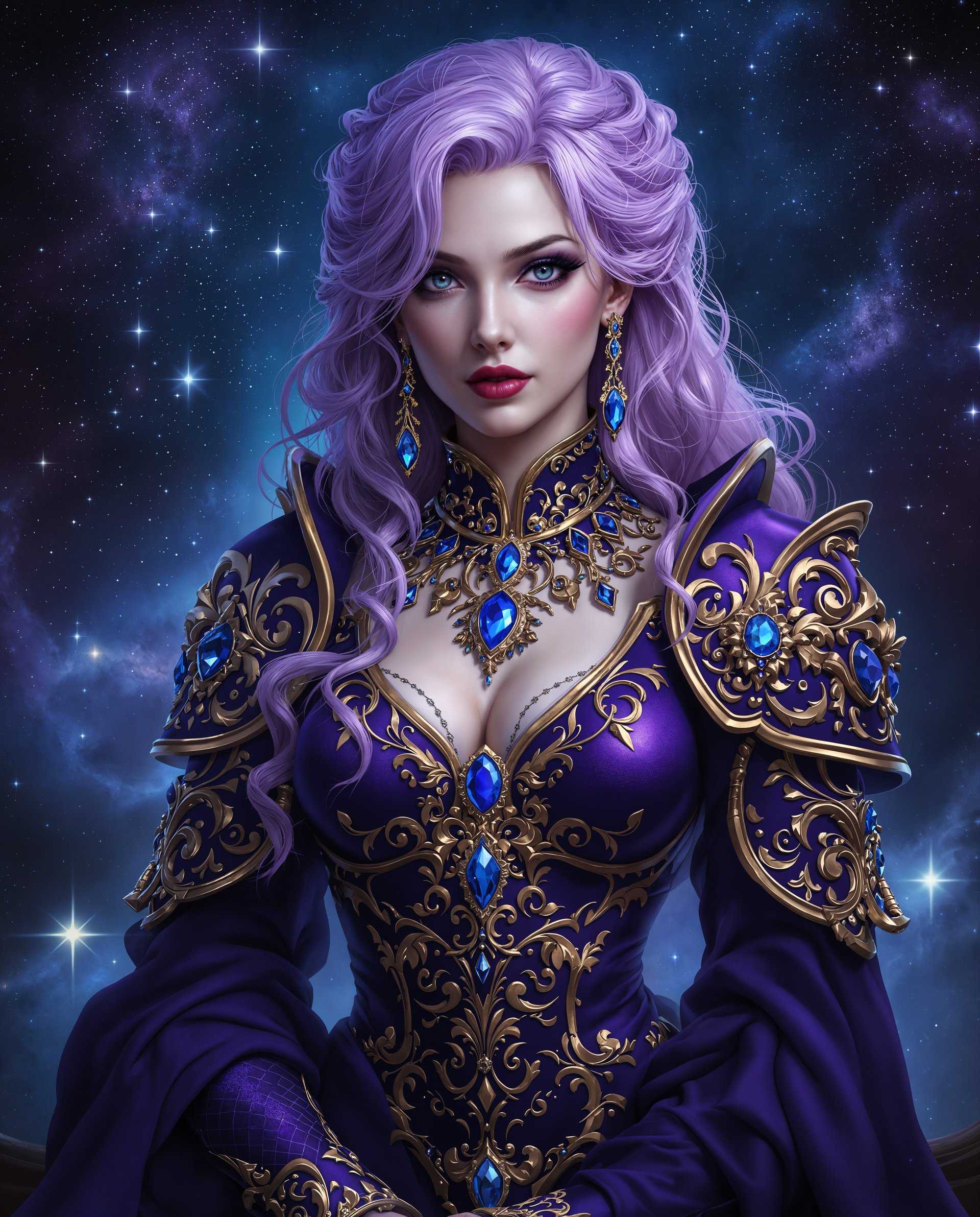 masterpiece, best quality, highres, sharp image, more detail <lora:more_details:0.5> <lora:SDXLrender_v2.0:1>, masterpiece, best quality, highres, sharp image, more detail, This image is a realistic photo (photograph) of a female real person digital artwork that showcases a realism character. The art style is highly stylized and appears to be a blend of realism and gothic elements, with a touch of baroque influence in the ornate details. The medium seems to be a digital painting, given the smooth gradients and the lack of texture that one might find in traditional mediums like oil or acrylic.The colors are rich and vibrant, with a predominance of purples and blues that give the image a mystical and otherworldly feel. The characters hair is a deep, rich purple, with lighter, almost lilac, highlights that give it volume and dimension. The armor is a deep royal purple with gold and blue accents, which stand out against the darker background. The jewels on the armor are a striking blue, which contrasts nicely with the purple and gold.The objects in the image are primarily the characters armor and jewelry. The armor is ornate, with floral and scrollwork motifs that are reminiscent of baroque art. It is adorned with what appear to be precious stones, which catch the light and give the armor a shimmering effect. The characters jewelry includes a necklace with a large pendant, matching earrings, and bracelets that echo the design of the armor.The background of the image is a cosmic scene filled with stars and nebulae, in shades of blue and purple, which complements the characters color scheme and reinforces the realism theme. The lighting in the image is soft and diffused, with gentle highlights and shadows that give the character and her surroundings depth and dimension.Overall, the image is a rich and detailed depiction of a realism character, with a strong emphasis on color, ornamentation, and a sense of otherworldliness.