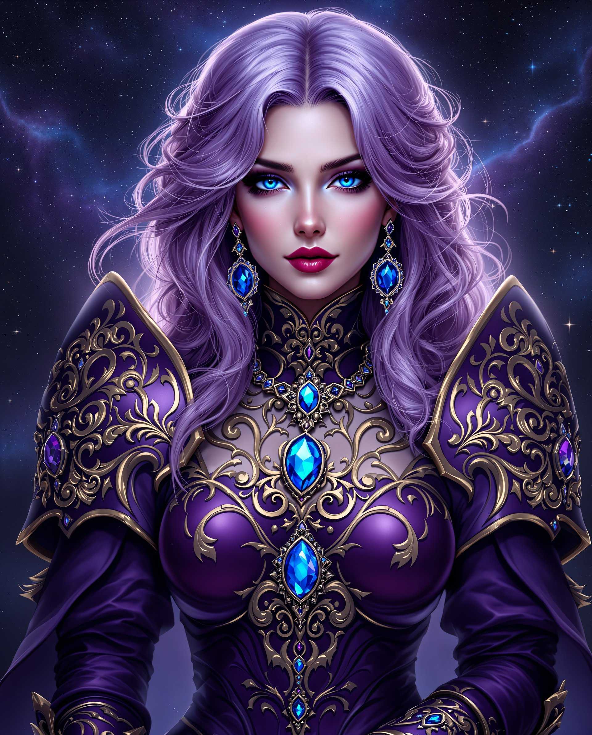 masterpiece, best quality, highres, sharp image, more detail <lora:more_details:0.5> <lora:SDXLrender_v2.0:1>, This image is a realistic photo (photograph) of a female real person digital artwork that showcases a realism character. The art style is highly stylized and appears to be a blend of realism and gothic elements, with a touch of baroque influence in the ornate details. The medium seems to be a digital painting, given the smooth gradients and the lack of texture that one might find in traditional mediums like oil or acrylic.The colors are rich and vibrant, with a predominance of purples and blues that give the image a mystical and otherworldly feel. The characters hair is a deep, rich purple, with lighter, almost lilac, highlights that give it volume and dimension. The armor is a deep royal purple with gold and blue accents, which stand out against the darker background. The jewels on the armor are a striking blue, which contrasts nicely with the purple and gold.The objects in the image are primarily the characters armor and jewelry. The armor is ornate, with floral and scrollwork motifs that are reminiscent of baroque art. It is adorned with what appear to be precious stones, which catch the light and give the armor a shimmering effect. The characters jewelry includes a necklace with a large pendant, matching earrings, and bracelets that echo the design of the armor.The background of the image is a cosmic scene filled with stars and nebulae, in shades of blue and purple, which complements the characters color scheme and reinforces the realism theme. The lighting in the image is soft and diffused, with gentle highlights and shadows that give the character and her surroundings depth and dimension.Overall, the image is a rich and detailed depiction of a realism character, with a strong emphasis on color, ornamentation, and a sense of otherworldliness.