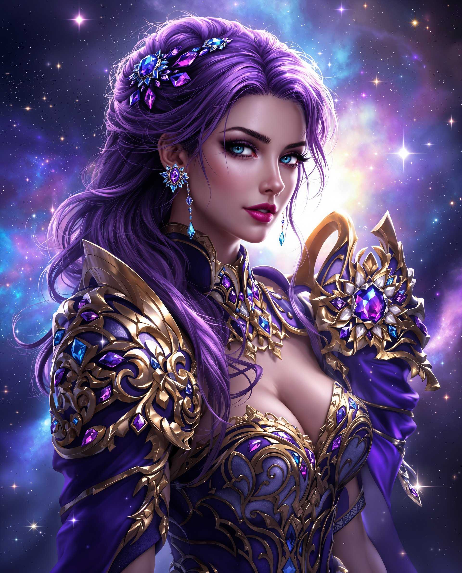 masterpiece, best quality, highres, sharp image, more detail <lora:more_details:0.5> <lora:SDXLrender_v2.0:1>, masterpiece, best quality, highres, sharp image, more detail, This image is a realistic photo (photograph) of a female real person digital artwork that features a realism character. The art style is highly detailed and stylized, with a focus on intricate textures and patterns, and a rich, vibrant color palette. The medium appears to be a digital painting, given the smooth blending of colors and the lack of brush strokes.The character is adorned in elaborate armor that is predominantly purple with gold and blue accents. The armor is embellished with various gemstones that shimmer with a crystalline quality, adding to the overall opulence of the attire. The armor is designed with a mix of organic and geometric shapes, and the patterns suggest a combination of baroque and gothic influences.The characters hair is a deep purple, with lighter purple highlights that give it a gradient effect. The hair is styled in long, flowing locks that cascade down the back and over the shoulders. The hair is adorned with matching purple jewels, which complement the armor.The background of the image is a cosmic scene, filled with stars and nebulae in shades of blue, purple, and pink. This celestial backdrop suggests a realism setting that could be related to outer space or a magical realm. The light in the background creates a sense of depth and adds to the mystical atmosphere of the image.Overall, the image exudes a sense of realism, power, and elegance, with a strong emphasis on the interplay of light, color, and texture. The characters confident pose and the surrounding celestial elements combine to create a compelling and immersive visual experience.