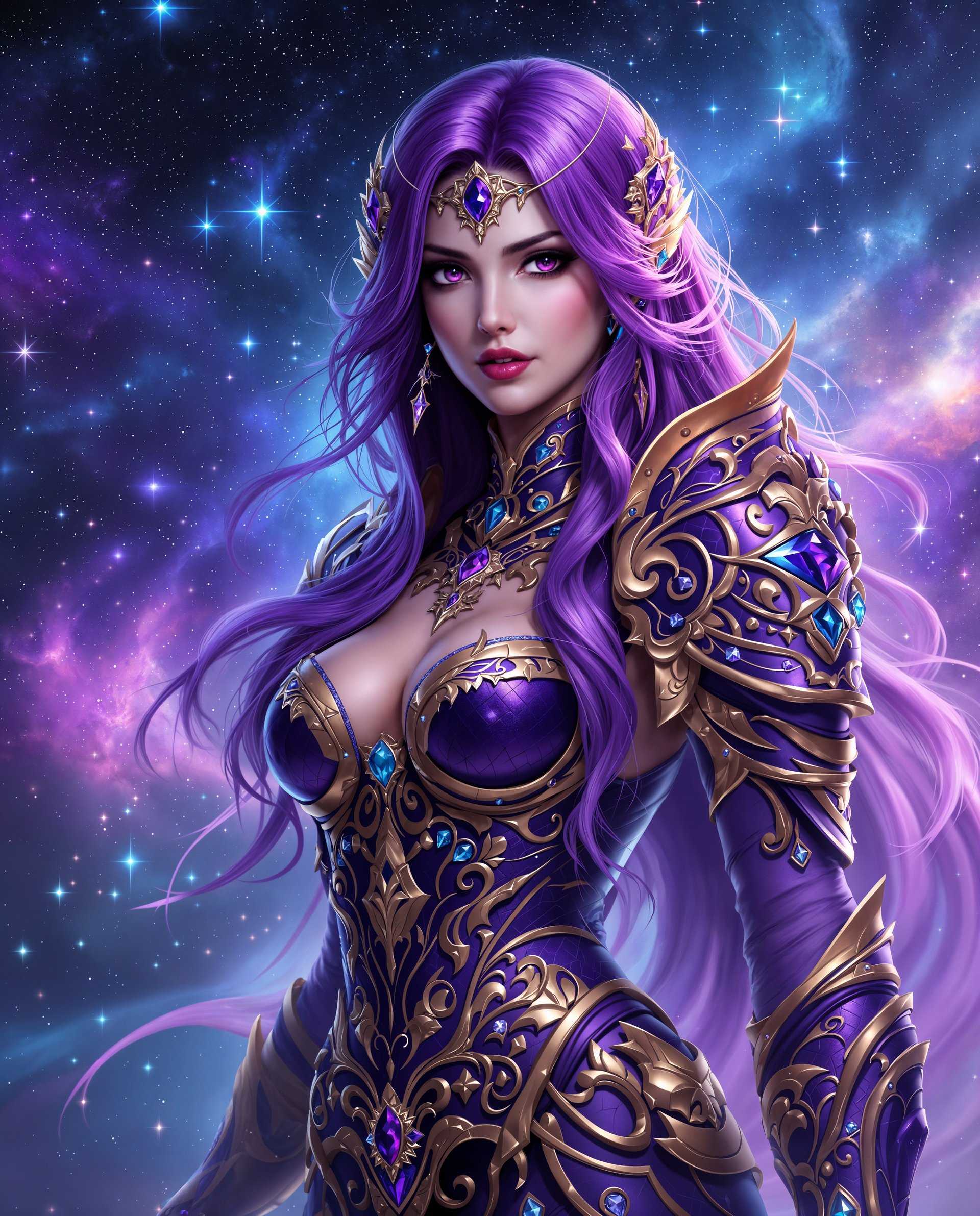 masterpiece, best quality, highres, sharp image, more detail <lora:more_details:0.5> <lora:SDXLrender_v2.0:1>, masterpiece, best quality, highres, sharp image, more detail, This image is a realistic photo (photograph) of a female real person digital artwork that features a realism character. The art style is highly detailed and stylized, with a focus on intricate textures and patterns, and a rich, vibrant color palette. The medium appears to be a digital painting, given the smooth blending of colors and the lack of brush strokes.The character is adorned in elaborate armor that is predominantly purple with gold and blue accents. The armor is embellished with various gemstones that shimmer with a crystalline quality, adding to the overall opulence of the attire. The armor is designed with a mix of organic and geometric shapes, and the patterns suggest a combination of baroque and gothic influences.The characters hair is a deep purple, with lighter purple highlights that give it a gradient effect. The hair is styled in long, flowing locks that cascade down the back and over the shoulders. The hair is adorned with matching purple jewels, which complement the armor.The background of the image is a cosmic scene, filled with stars and nebulae in shades of blue, purple, and pink. This celestial backdrop suggests a realism setting that could be related to outer space or a magical realm. The light in the background creates a sense of depth and adds to the mystical atmosphere of the image.Overall, the image exudes a sense of realism, power, and elegance, with a strong emphasis on the interplay of light, color, and texture. The characters confident pose and the surrounding celestial elements combine to create a compelling and immersive visual experience.