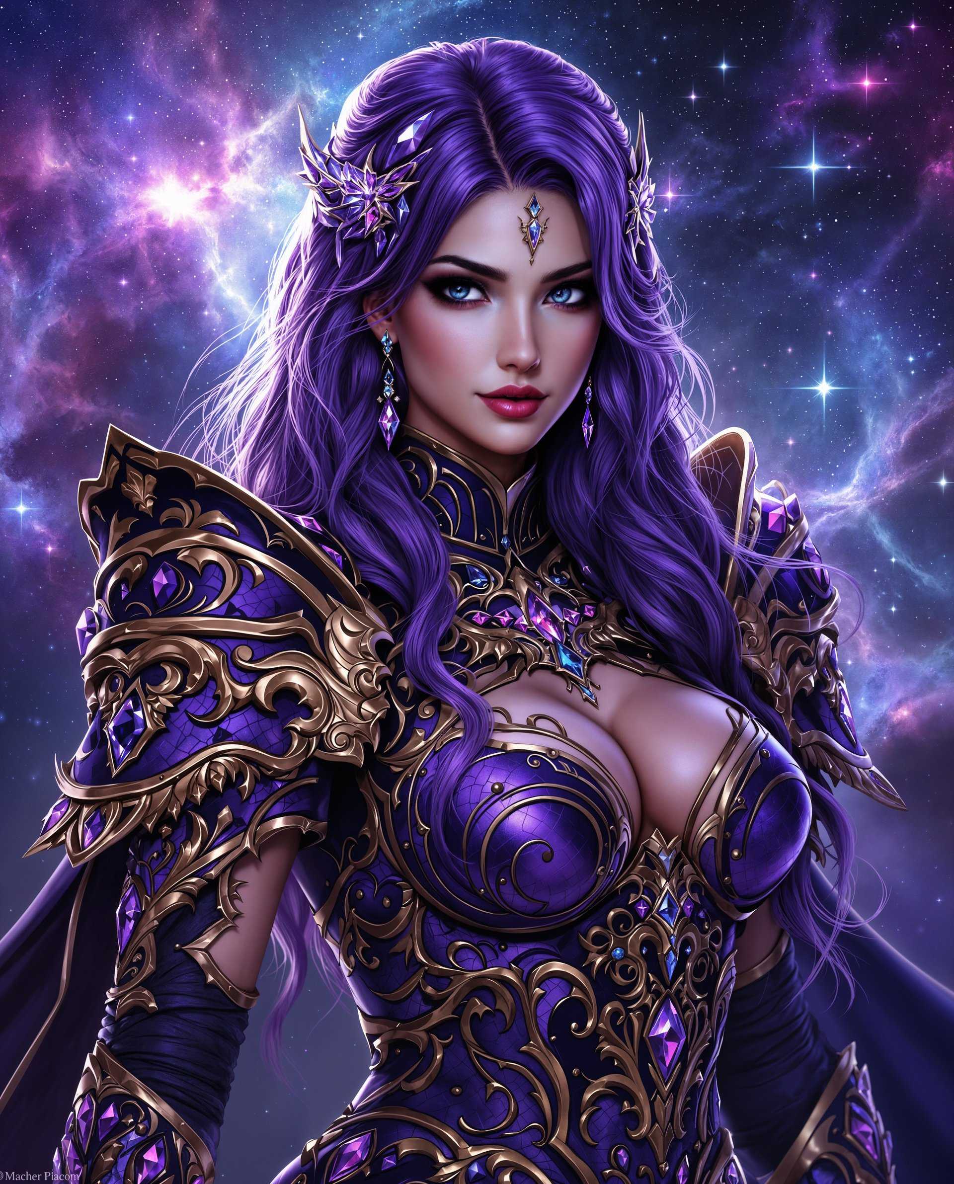masterpiece, best quality, highres, sharp image, more detail <lora:more_details:0.5> <lora:SDXLrender_v2.0:1>, masterpiece, best quality, highres, sharp image, more detail, This image is a realistic photo (photograph) of a female real person digital artwork that features a realism character. The art style is highly detailed and stylized, with a focus on intricate textures and patterns, and a rich, vibrant color palette. The medium appears to be a digital painting, given the smooth blending of colors and the lack of brush strokes.The character is adorned in elaborate armor that is predominantly purple with gold and blue accents. The armor is embellished with various gemstones that shimmer with a crystalline quality, adding to the overall opulence of the attire. The armor is designed with a mix of organic and geometric shapes, and the patterns suggest a combination of baroque and gothic influences.The characters hair is a deep purple, with lighter purple highlights that give it a gradient effect. The hair is styled in long, flowing locks that cascade down the back and over the shoulders. The hair is adorned with matching purple jewels, which complement the armor.The background of the image is a cosmic scene, filled with stars and nebulae in shades of blue, purple, and pink. This celestial backdrop suggests a realism setting that could be related to outer space or a magical realm. The light in the background creates a sense of depth and adds to the mystical atmosphere of the image.Overall, the image exudes a sense of realism, power, and elegance, with a strong emphasis on the interplay of light, color, and texture. The characters confident pose and the surrounding celestial elements combine to create a compelling and immersive visual experience.