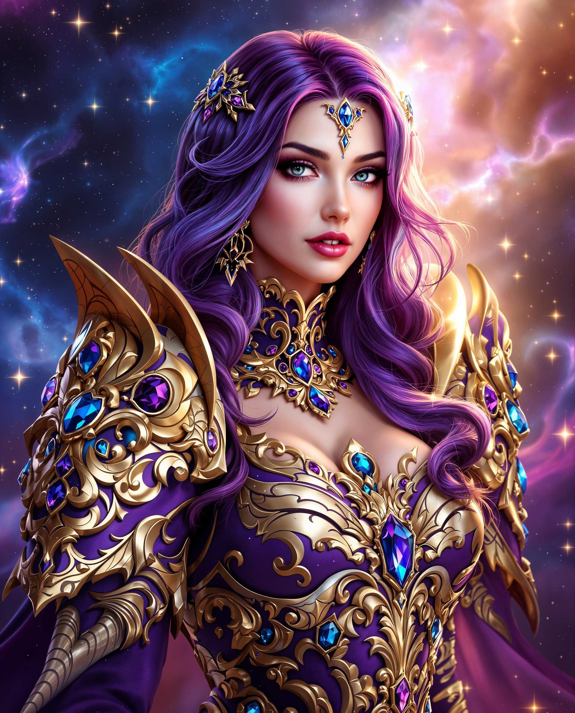 masterpiece, best quality, highres, sharp image, more detail <lora:more_details:0.5> <lora:SDXLrender_v2.0:1>, masterpiece, best quality, highres, sharp image, more detail, This image is a realistic photo (photograph) of a female real person digital artwork that features a realism character. The art style is highly detailed and stylized, with a focus on intricate textures and patterns, and a rich, vibrant color palette. The medium appears to be a digital painting, given the smooth blending of colors and the lack of brush strokes.The character is adorned in elaborate armor that is predominantly purple with gold and blue accents. The armor is embellished with various gemstones that shimmer with a crystalline quality, adding to the overall opulence of the attire. The armor is designed with a mix of organic and geometric shapes, and the patterns suggest a combination of baroque and gothic influences.The characters hair is a deep purple, with lighter purple highlights that give it a gradient effect. The hair is styled in long, flowing locks that cascade down the back and over the shoulders. The hair is adorned with matching purple jewels, which complement the armor.The background of the image is a cosmic scene, filled with stars and nebulae in shades of blue, purple, and pink. This celestial backdrop suggests a realism setting that could be related to outer space or a magical realm. The light in the background creates a sense of depth and adds to the mystical atmosphere of the image.Overall, the image exudes a sense of realism, power, and elegance, with a strong emphasis on the interplay of light, color, and texture. The characters confident pose and the surrounding celestial elements combine to create a compelling and immersive visual experience.