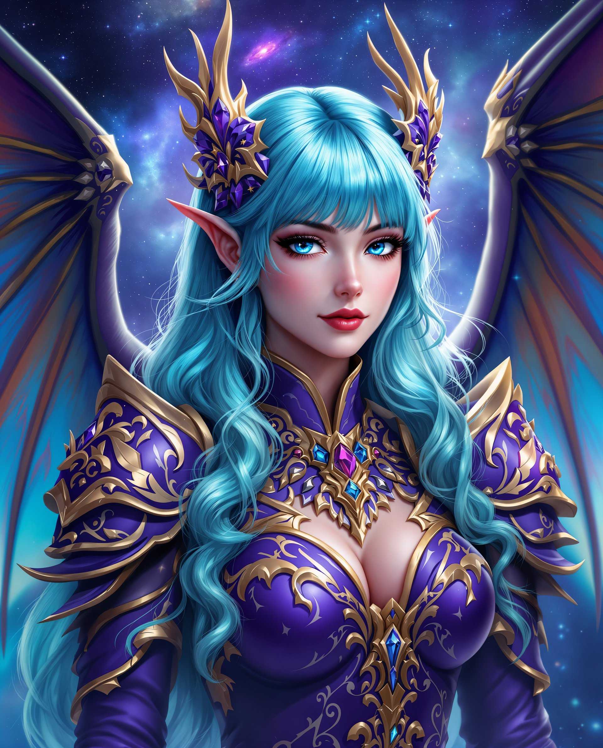 masterpiece, best quality, highres, sharp image, more detail <lora:more_details:0.5> <lora:SDXLrender_v2.0:1>, This image is a realistic photo (photograph) of a female real person digital artwork that showcases a realism character with dragon wings. The art style is highly stylized with a focus on intricate details and vibrant colors, reminiscent of realism illustrations. The medium appears to be a digital painting, given the smooth gradients and the lack of texture that one might expect from traditional mediums like oil or watercolor.The primary colors in the image are shades of purple and blue, which create a cool and mystical atmosphere. The character is adorned in a detailed purple armor with gold accents, which gives off a regal and powerful vibe. The armor is ornate, with floral and geometric patterns, and is studded with what appear to be precious stones, adding to the opulence of the attire.The characters hair is a striking shade of aqua blue, with bangs that frame her face and cascade down her back. The hair is styled in waves, giving it a dynamic and flowing appearance. The characters eyes are a deep, rich blue, which complements the overall color scheme of the image.In the background, there is a cosmic scene filled with stars and nebulae, in shades of blue and purple, which suggests a celestial or otherworldly setting. The background is ethereal, with a sense of depth created by the layering of the stars and the play of light and shadow.The overall composition of the image is balanced, with the character taking up a significant portion of the space, drawing the viewers focus. The interplay of light and shadow adds to the threedimensional quality of the artwork, making the character and the armor appear more tangible.The signature Arash at the bottom right corner attributes the work to its creator.