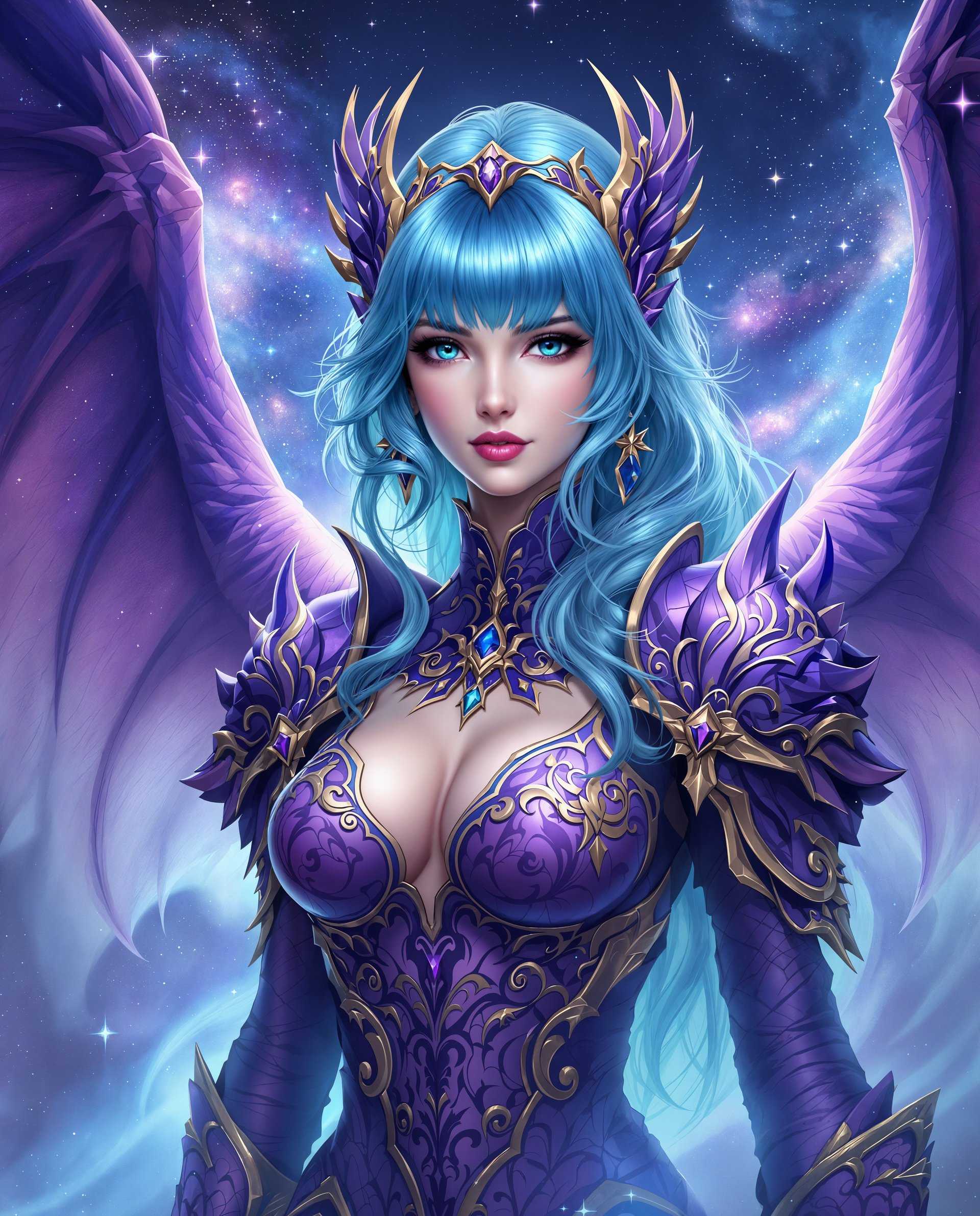masterpiece, best quality, highres, sharp image, more detail <lora:more_details:0.5> <lora:SDXLrender_v2.0:1>, masterpiece, best quality, highres, sharp image, more detail, This image is a realistic photo (photograph) of a female real person digital artwork that showcases a realism character with dragon wings. The art style is highly stylized with a focus on intricate details and vibrant colors, reminiscent of realism illustrations. The medium appears to be a digital painting, given the smooth gradients and the lack of texture that one might expect from traditional mediums like oil or watercolor.The primary colors in the image are shades of purple and blue, which create a cool and mystical atmosphere. The character is adorned in a detailed purple armor with gold accents, which gives off a regal and powerful vibe. The armor is ornate, with floral and geometric patterns, and is studded with what appear to be precious stones, adding to the opulence of the attire.The characters hair is a striking shade of aqua blue, with bangs that frame her face and cascade down her back. The hair is styled in waves, giving it a dynamic and flowing appearance. The characters eyes are a deep, rich blue, which complements the overall color scheme of the image.In the background, there is a cosmic scene filled with stars and nebulae, in shades of blue and purple, which suggests a celestial or otherworldly setting. The background is ethereal, with a sense of depth created by the layering of the stars and the play of light and shadow.The overall composition of the image is balanced, with the character taking up a significant portion of the space, drawing the viewers focus. The interplay of light and shadow adds to the threedimensional quality of the artwork, making the character and the armor appear more tangible.The signature Arash at the bottom right corner attributes the work to its creator.
