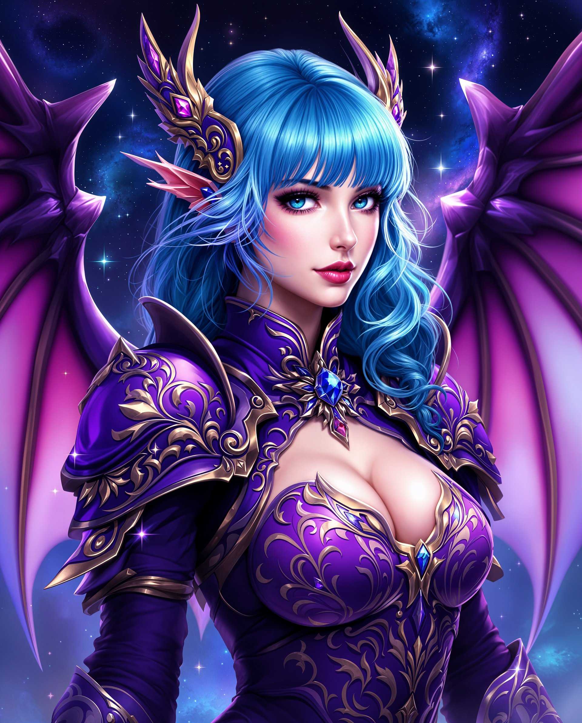 masterpiece, best quality, highres, sharp image, more detail <lora:more_details:0.5> <lora:SDXLrender_v2.0:1>, This image is a realistic photo (photograph) of a female real person digital artwork that showcases a realism character with dragon wings. The art style is highly stylized with a focus on intricate details and vibrant colors, reminiscent of realism illustrations. The medium appears to be a digital painting, given the smooth gradients and the lack of texture that one might expect from traditional mediums like oil or watercolor.The primary colors in the image are shades of purple and blue, which create a cool and mystical atmosphere. The character is adorned in a detailed purple armor with gold accents, which gives off a regal and powerful vibe. The armor is ornate, with floral and geometric patterns, and is studded with what appear to be precious stones, adding to the opulence of the attire.The characters hair is a striking shade of aqua blue, with bangs that frame her face and cascade down her back. The hair is styled in waves, giving it a dynamic and flowing appearance. The characters eyes are a deep, rich blue, which complements the overall color scheme of the image.In the background, there is a cosmic scene filled with stars and nebulae, in shades of blue and purple, which suggests a celestial or otherworldly setting. The background is ethereal, with a sense of depth created by the layering of the stars and the play of light and shadow.The overall composition of the image is balanced, with the character taking up a significant portion of the space, drawing the viewers focus. The interplay of light and shadow adds to the threedimensional quality of the artwork, making the character and the armor appear more tangible.The signature Arash at the bottom right corner attributes the work to its creator.