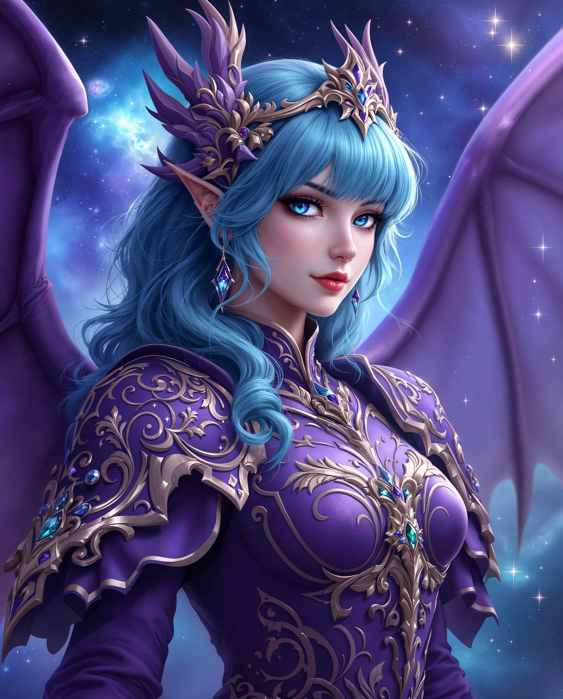 masterpiece, best quality, highres, sharp image, more detail <lora:more_details:0.5> <lora:SDXLrender_v2.0:1>, masterpiece, best quality, highres, sharp image, more detail, This image is a realistic photo (photograph) of a female real person digital artwork that showcases a realism character with dragon wings. The art style is highly stylized with a focus on intricate details and vibrant colors, reminiscent of realism illustrations. The medium appears to be a digital painting, given the smooth gradients and the lack of texture that one might expect from traditional mediums like oil or watercolor.The primary colors in the image are shades of purple and blue, which create a cool and mystical atmosphere. The character is adorned in a detailed purple armor with gold accents, which gives off a regal and powerful vibe. The armor is ornate, with floral and geometric patterns, and is studded with what appear to be precious stones, adding to the opulence of the attire.The characters hair is a striking shade of aqua blue, with bangs that frame her face and cascade down her back. The hair is styled in waves, giving it a dynamic and flowing appearance. The characters eyes are a deep, rich blue, which complements the overall color scheme of the image.In the background, there is a cosmic scene filled with stars and nebulae, in shades of blue and purple, which suggests a celestial or otherworldly setting. The background is ethereal, with a sense of depth created by the layering of the stars and the play of light and shadow.The overall composition of the image is balanced, with the character taking up a significant portion of the space, drawing the viewers focus. The interplay of light and shadow adds to the threedimensional quality of the artwork, making the character and the armor appear more tangible.The signature Arash at the bottom right corner attributes the work to its creator.