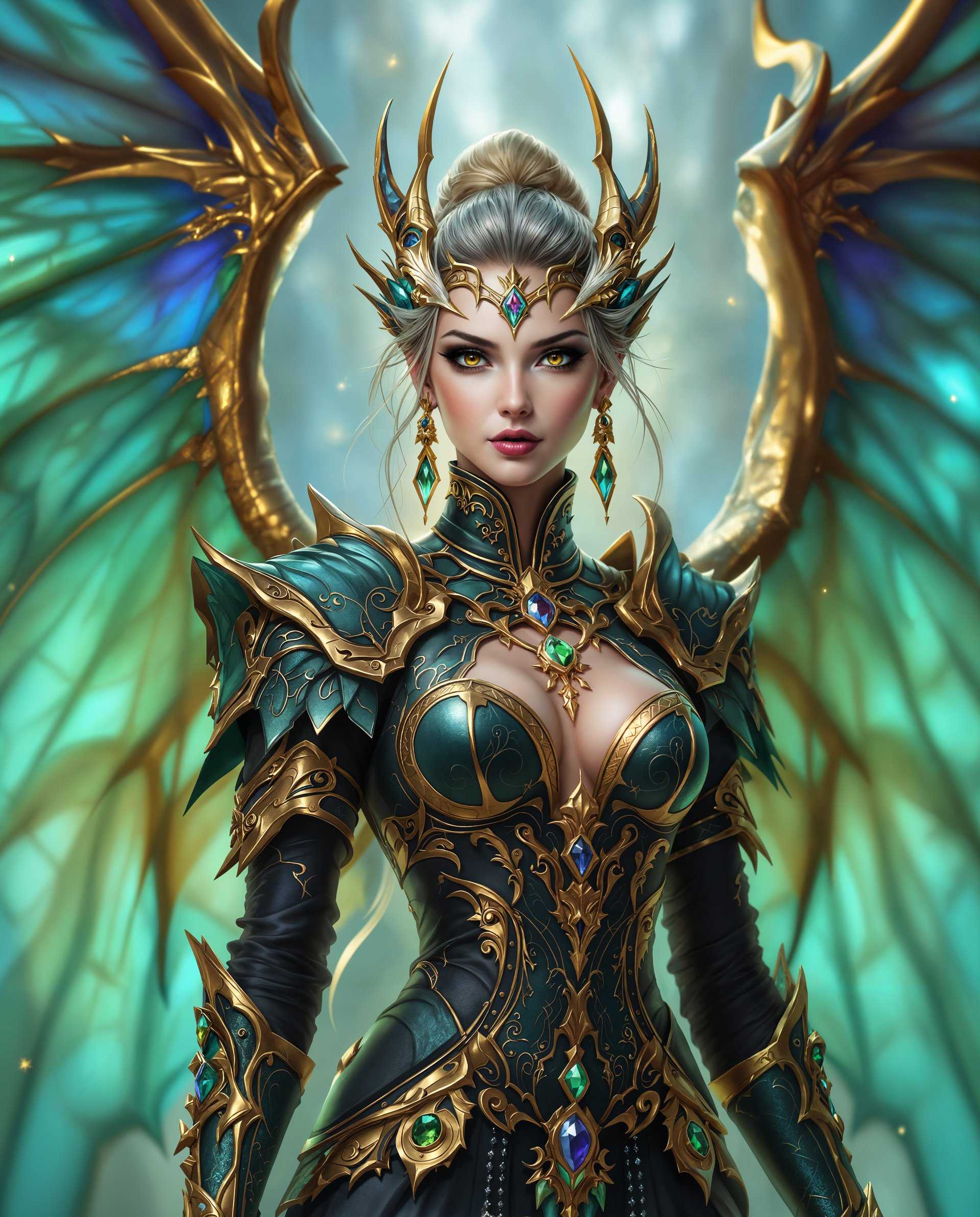 masterpiece, best quality, highres, sharp image, more detail <lora:more_details:0.5> <lora:SDXLrender_v2.0:1>, masterpiece, best quality, highres, sharp image, more detail, This image is a realistic photo (photograph) of a female real person digital artwork that showcases a realism character with dragon wings. The art style is highly detailed and stylized, with a focus on intricate patterns and textures, and a rich, vibrant color palette that gives the image a dynamic and almost otherworldly feel.The medium appears to be a digital painting, as evidenced by the smooth blending of colors and the lack of brush strokes that are characteristic of traditional painting mediums. The lighting in the image is very dramatic, with highlights and shadows that give depth and dimension to the character and the surrounding environment.The colors in the image are rich and varied, with a predominance of blues and greens that give the character a sense of mystique and power. The gold accents on the armor and jewelry provide a striking contrast, drawing the eye and adding to the overall opulence of the characters appearance.The objects in the image are primarily the characters elaborate costume and jewelry. The costume is a mix of armor and clothing, with a high neckline and long sleeves that are adorned with intricate patterns and embellishments. The armor is made of a dark, possibly leatherlike material, with gold accents and embellishments that shimmer in the light. The costume is accessorized with a variety of jewelry, including necklaces, bracelets, and rings, all featuring large, gemlike stones that catch the light.The characters wings are a key element of the image, and they are depicted with a high level of detail. They are made of a translucent material, with a gradient of blues and greens that give them a sense of depth and movement. The wings are adorned with gold filigree and gemstones, and they are spread out behind the character, creating a sense of majesty and power.Overall, the image is a stunning example of realism art, with a focus on detailed craftsmanship, vibrant colors, and a sense of otherworldly elegance.