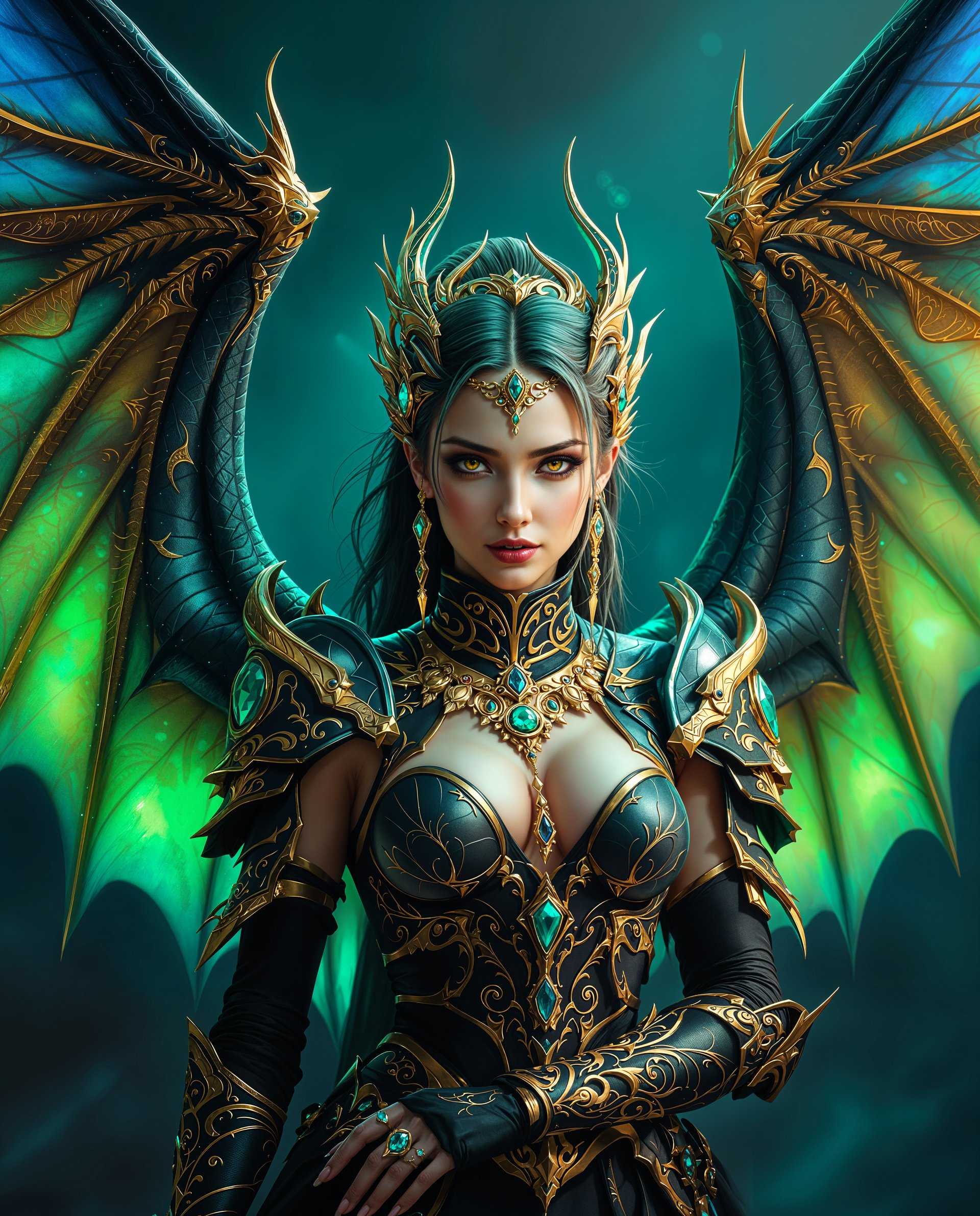 masterpiece, best quality, highres, sharp image, more detail, This image is a realistic photo (photograph) of a female real person digital artwork that showcases a realism character with dragon wings. The art style is highly detailed and stylized, with a focus on intricate patterns and textures, and a rich, vibrant color palette that gives the image a dynamic and almost otherworldly feel.The medium appears to be a digital painting, as evidenced by the smooth blending of colors and the lack of brush strokes that are characteristic of traditional painting mediums. The lighting in the image is very dramatic, with highlights and shadows that give depth and dimension to the character and the surrounding environment.The colors in the image are rich and varied, with a predominance of blues and greens that give the character a sense of mystique and power. The gold accents on the armor and jewelry provide a striking contrast, drawing the eye and adding to the overall opulence of the characters appearance.The objects in the image are primarily the characters elaborate costume and jewelry. The costume is a mix of armor and clothing, with a high neckline and long sleeves that are adorned with intricate patterns and embellishments. The armor is made of a dark, possibly leatherlike material, with gold accents and embellishments that shimmer in the light. The costume is accessorized with a variety of jewelry, including necklaces, bracelets, and rings, all featuring large, gemlike stones that catch the light.The characters wings are a key element of the image, and they are depicted with a high level of detail. They are made of a translucent material, with a gradient of blues and greens that give them a sense of depth and movement. The wings are adorned with gold filigree and gemstones, and they are spread out behind the character, creating a sense of majesty and power.Overall, the image is a stunning example of realism art, with a focus on detailed craftsmanship, vibrant colors, and a sense of otherworldly elegance.