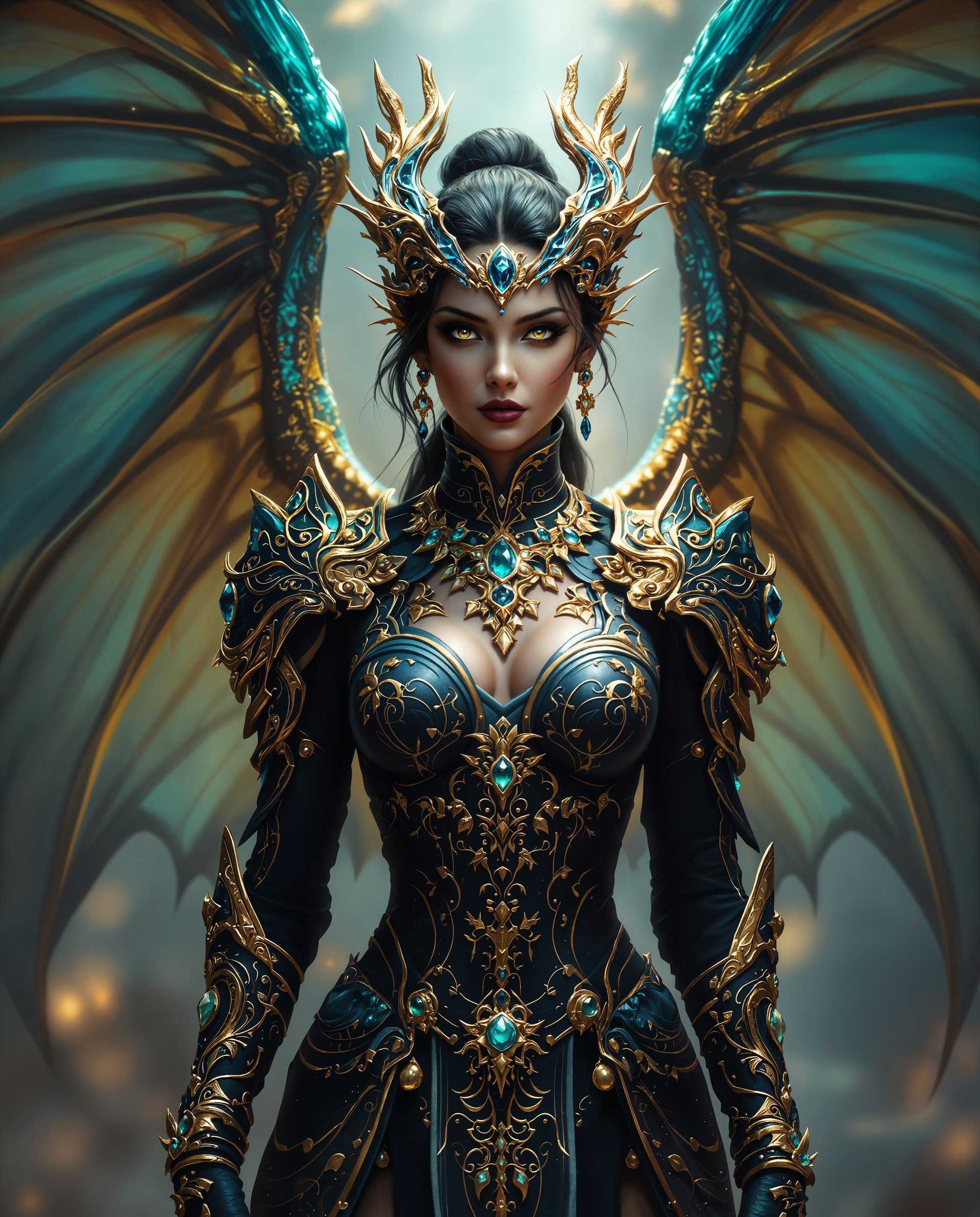 masterpiece, best quality, highres, sharp image, more detail, masterpiece, best quality, highres, sharp image, more detail, This image is a realistic photo (photograph) of a female real person digital artwork that showcases a realism character with dragon wings. The art style is highly detailed and stylized, with a focus on intricate patterns and textures, and a rich, vibrant color palette that gives the image a dynamic and almost otherworldly feel.The medium appears to be a digital painting, as evidenced by the smooth blending of colors and the lack of brush strokes that are characteristic of traditional painting mediums. The lighting in the image is very dramatic, with highlights and shadows that give depth and dimension to the character and the surrounding environment.The colors in the image are rich and varied, with a predominance of blues and greens that give the character a sense of mystique and power. The gold accents on the armor and jewelry provide a striking contrast, drawing the eye and adding to the overall opulence of the characters appearance.The objects in the image are primarily the characters elaborate costume and jewelry. The costume is a mix of armor and clothing, with a high neckline and long sleeves that are adorned with intricate patterns and embellishments. The armor is made of a dark, possibly leatherlike material, with gold accents and embellishments that shimmer in the light. The costume is accessorized with a variety of jewelry, including necklaces, bracelets, and rings, all featuring large, gemlike stones that catch the light.The characters wings are a key element of the image, and they are depicted with a high level of detail. They are made of a translucent material, with a gradient of blues and greens that give them a sense of depth and movement. The wings are adorned with gold filigree and gemstones, and they are spread out behind the character, creating a sense of majesty and power.Overall, the image is a stunning example of realism art, with a focus on detailed craftsmanship, vibrant colors, and a sense of otherworldly elegance.