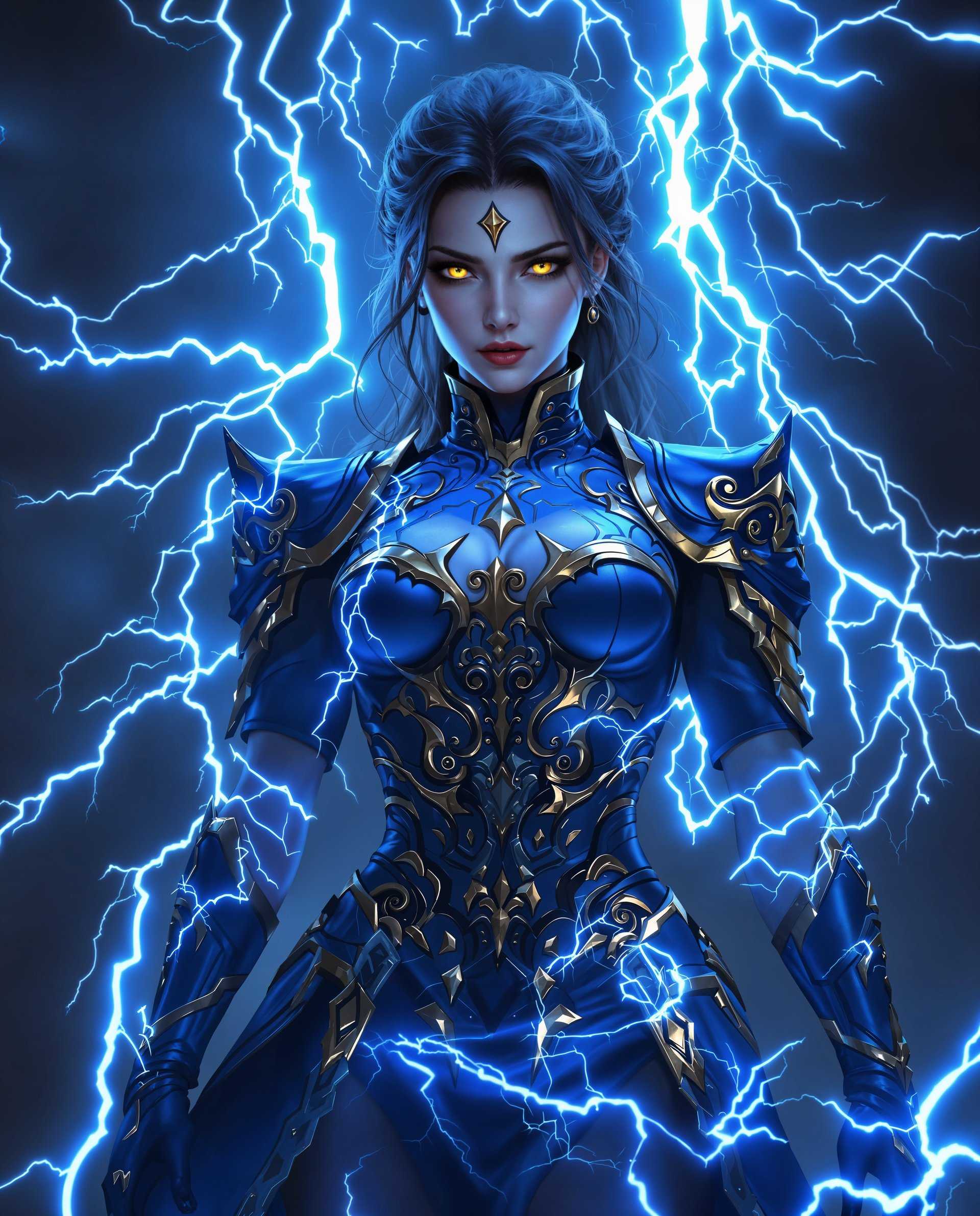 masterpiece, best quality, highres, sharp image, more detail <lora:more_details:0.5> <lora:SDXLrender_v2.0:1>, masterpiece, best quality, highres, sharp image, more detail, This image is a realistic photo (photograph) of a female real person digital artwork that features a character clad in a detailed and ornate costume, set against a backdrop of electric blue lightning. The art style is high realistic, with a focus on intricate design and a sense of power and mystique.The medium appears to be a digital painting, given the smooth gradients, the lack of texture, and the high level of detail that is typical in digital art. The lighting and shadows are expertly rendered, creating a threedimensional effect on the characters costume and the surrounding environment.The colors in the image are predominantly cool tones, with shades of blue and black dominating the palette. Gold accents are used sparingly but effectively, providing a contrast that highlights the details of the costume and the characters face. The eyes of the character are a striking yellow, which stands out against the cool color scheme and adds a touch of warmth to the overall icy atmosphere.The objects in the image are primarily the characters costume and the lightning. The costume is a complex amalgamation of armor and fabric, with a high neckline and a fitted bodice that flares into a skirt. It is adorned with swirling patterns and sharp, angular designs, all in a deep blue with gold highlights. The costume has a texture that appears to be a mix of leather and metal, with a sheen that reflects the light.The lightning in the background is dynamic and swirling, with jagged bolts that seem to emanate from the character, giving the impression of her channeling or harnessing the electricity. The lightning adds a sense of movement and energy to the scene, and its electric blue hue complements the costumes color scheme.Overall, the image exudes a sense of power and mystique, with a focus on detailed design and a high realistic aesthetic. The use of color and lighting enhances the dramatic effect, making the character and her surroundings feel both imposing and otherworldly.